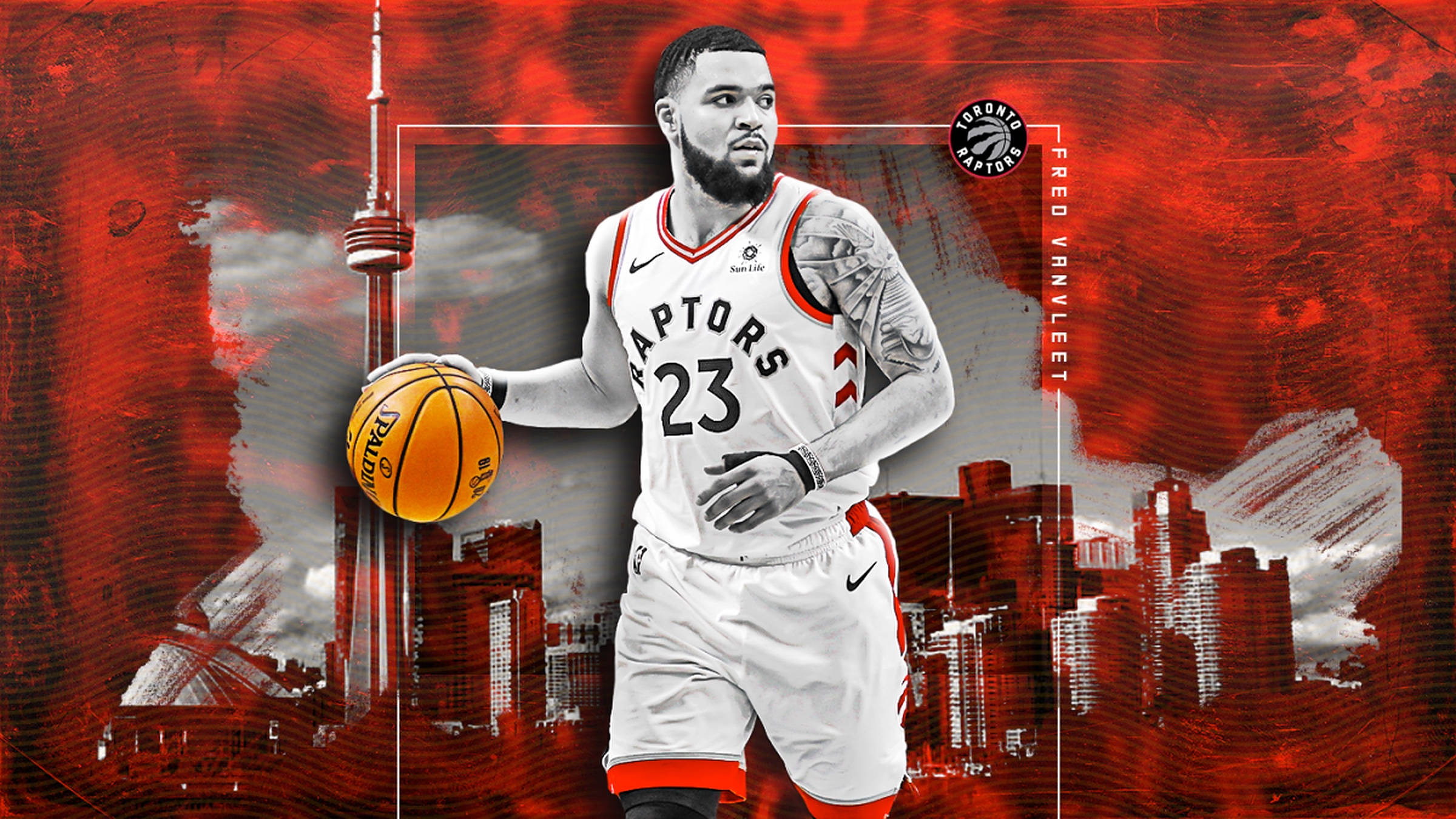 Fred Vanvleet 桌布 壁紙 — 一名身穿暴龍隊球衣的籃球運動員，在風格化的紅色多倫多天際線（包括CN塔）前持球。