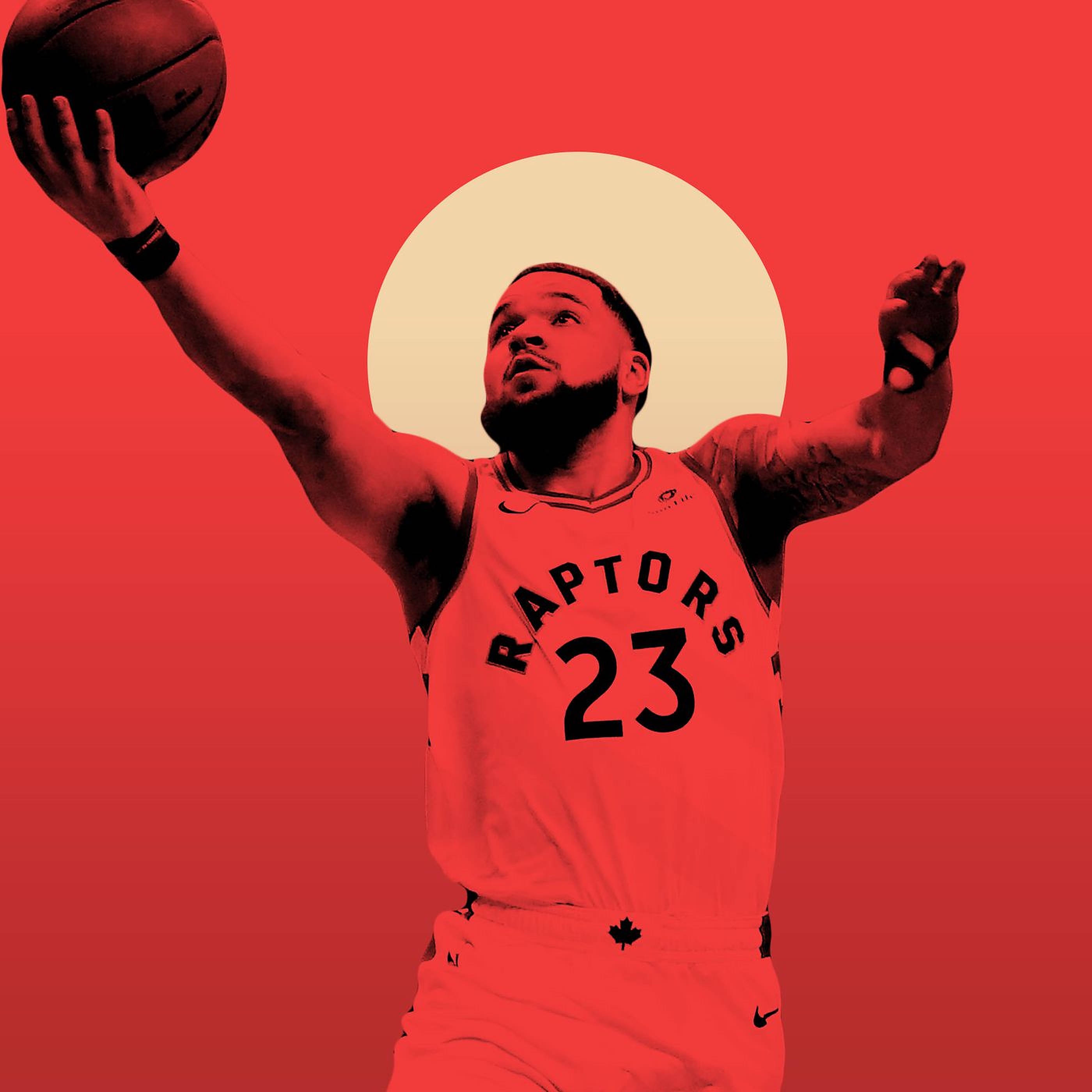 Fred Vanvleet 桌布 壁紙 — 一名身穿暴龍隊球衣的籃球運動員在鮮紅色背景前投籃，身後有一輪發光的圓形太陽。