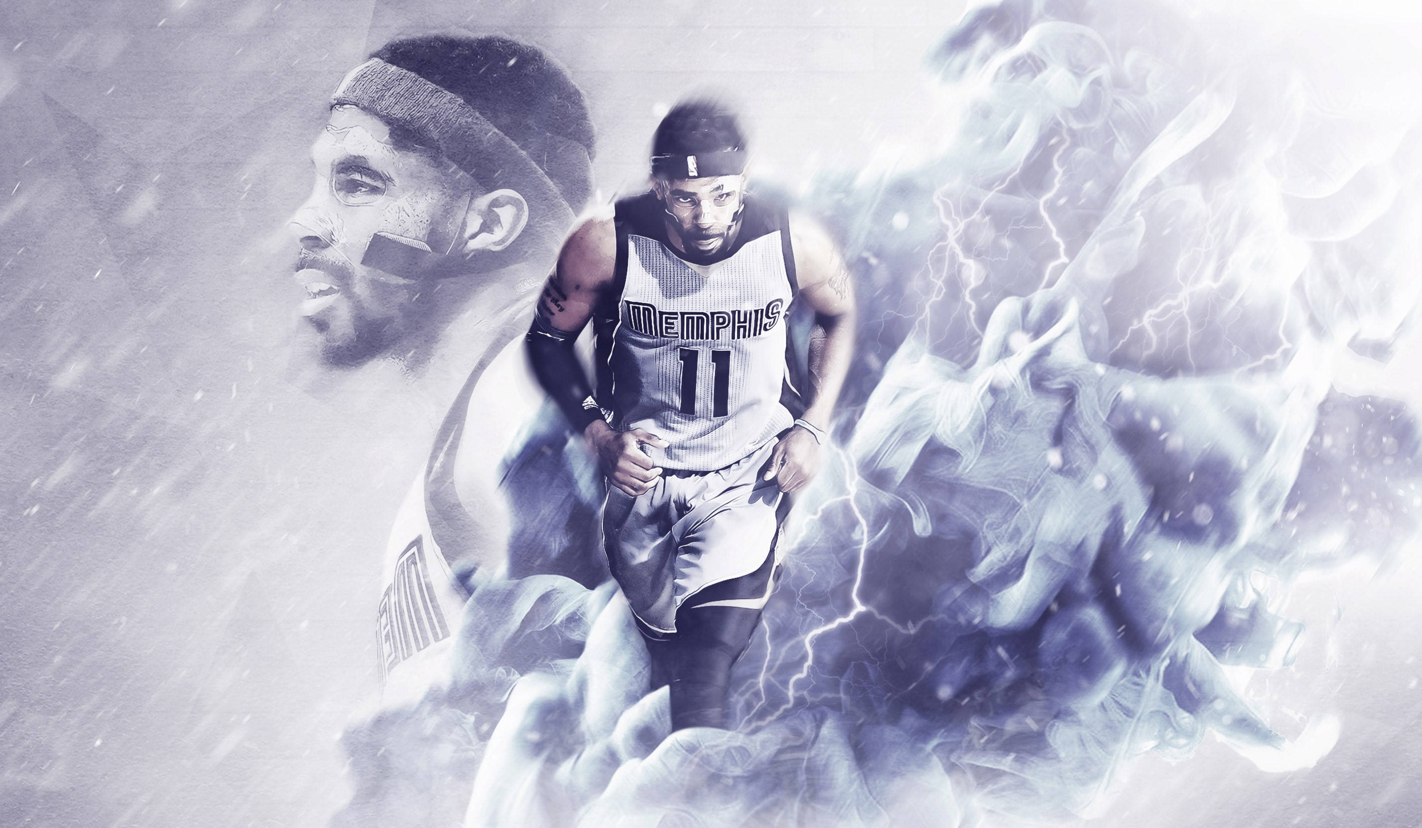 Grizzlies 桌布 壁紙 — 一名身穿曼菲斯球衣的籃球運動員在閃電和煙霧的風暴中奔跑，身後有一個幽靈般的肖像。