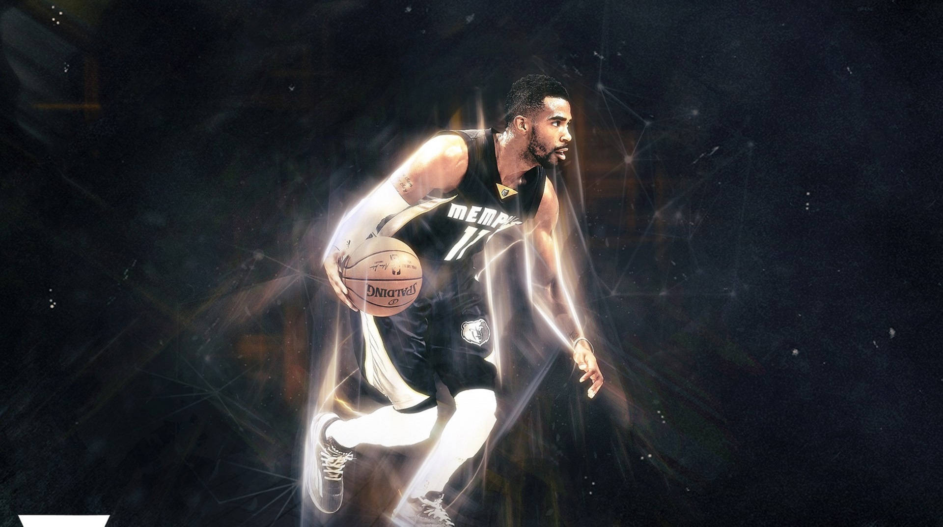 Grizzlies 桌布 壁紙 — 一名身穿曼菲斯球衣的籃球運動員在黑暗的宇宙背景下運球，伴隨著發光效果。