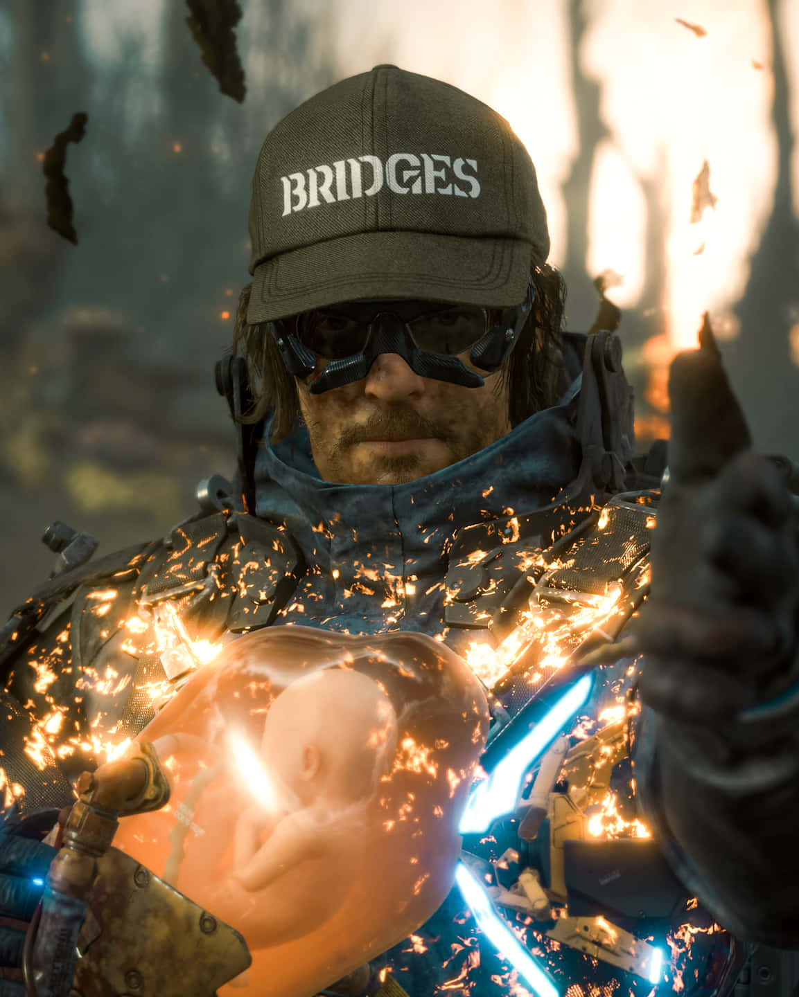 Sam on fire 壁紙 — 一名身穿未來盔甲、戴著標有 bridges 帽子的士兵，手持一個發光的橙色莢，內含胎兒，周圍火花四濺。