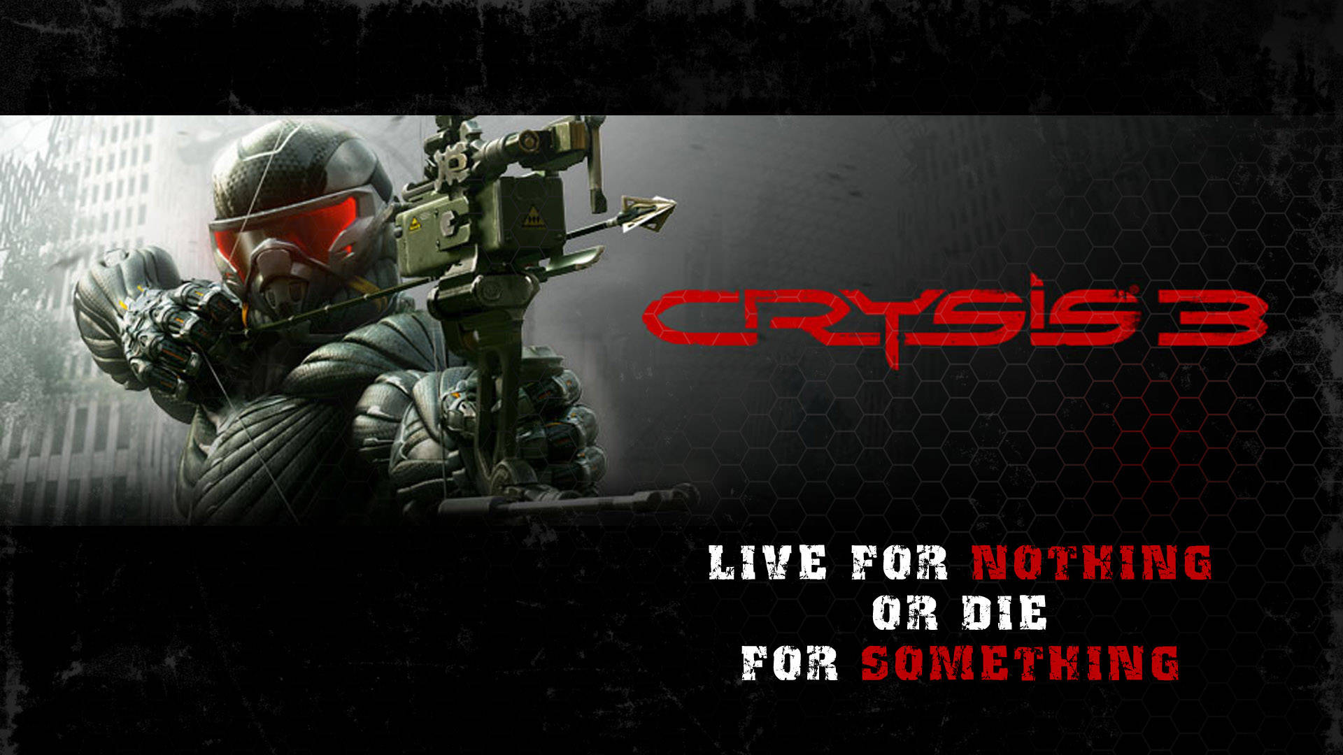 Crysis 3 桌布 壁紙 — 一名身穿未來盔甲的士兵在 gritty 城市背景下瞄準一把高科技弓，背景有紅色發光眼睛和遊戲標題文字。