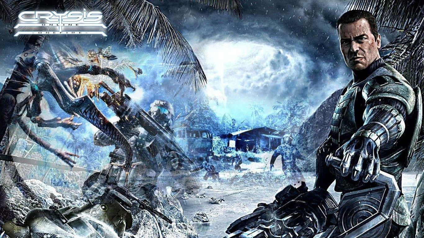 電玩遊戲 桌布 壁紙 — 一名身穿未來盔甲的士兵在暴風雨的天空下，準備好迎接巨型外星生物攻擊熱帶島嶼。
