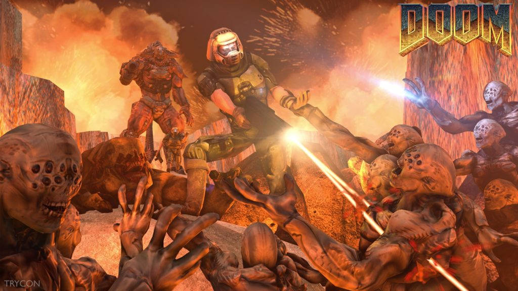 doom HD 桌布 壁紙 — 一名身穿未來盔甲的士兵在熾熱的地獄景觀中與成群醜陋的惡魔戰鬥，天空泛著橙色光芒。