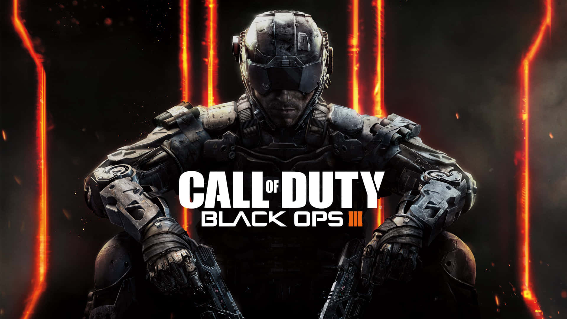 Call Of Duty Ps4 桌布 壁紙 — 一名身穿未來盔甲的士兵在黑暗環境中蹲伏在發光的橙色垂直光束下，火花四濺。