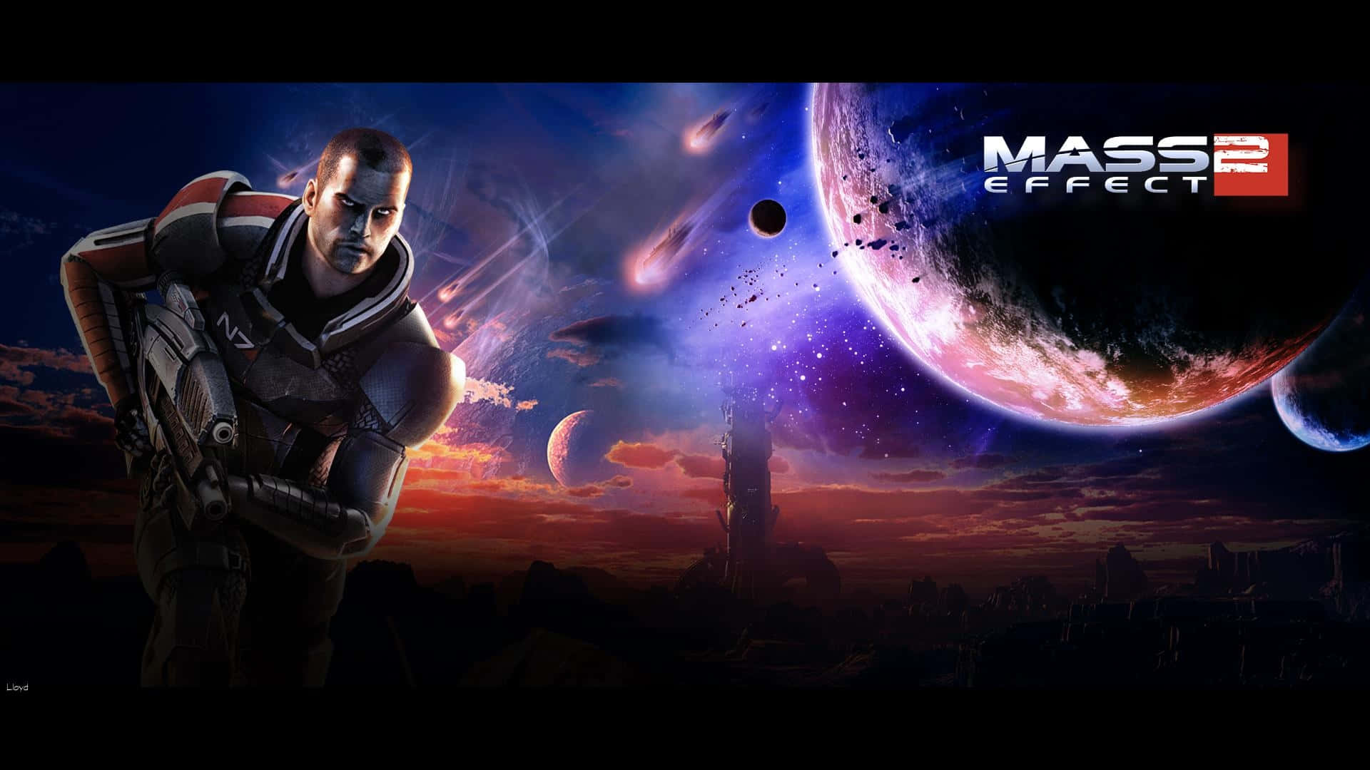 Mass Effect 2 桌布 壁紙 — 一名身穿未來盔甲的士兵站在宇宙日落前，背景有行星和外星建築。