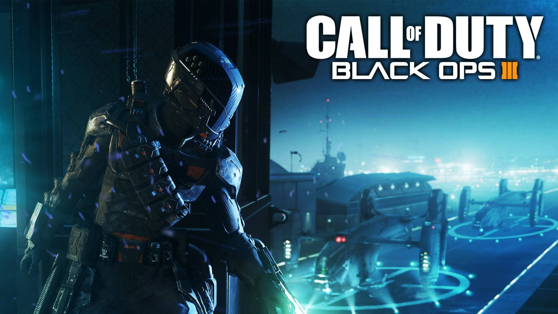 Call Of Duty Black Ops 3 桌布 壁紙 — 一名身穿未來盔甲的士兵站在燈光昏暗的房間裡，俯瞰夜晚發光的藍色科幻城市景觀。