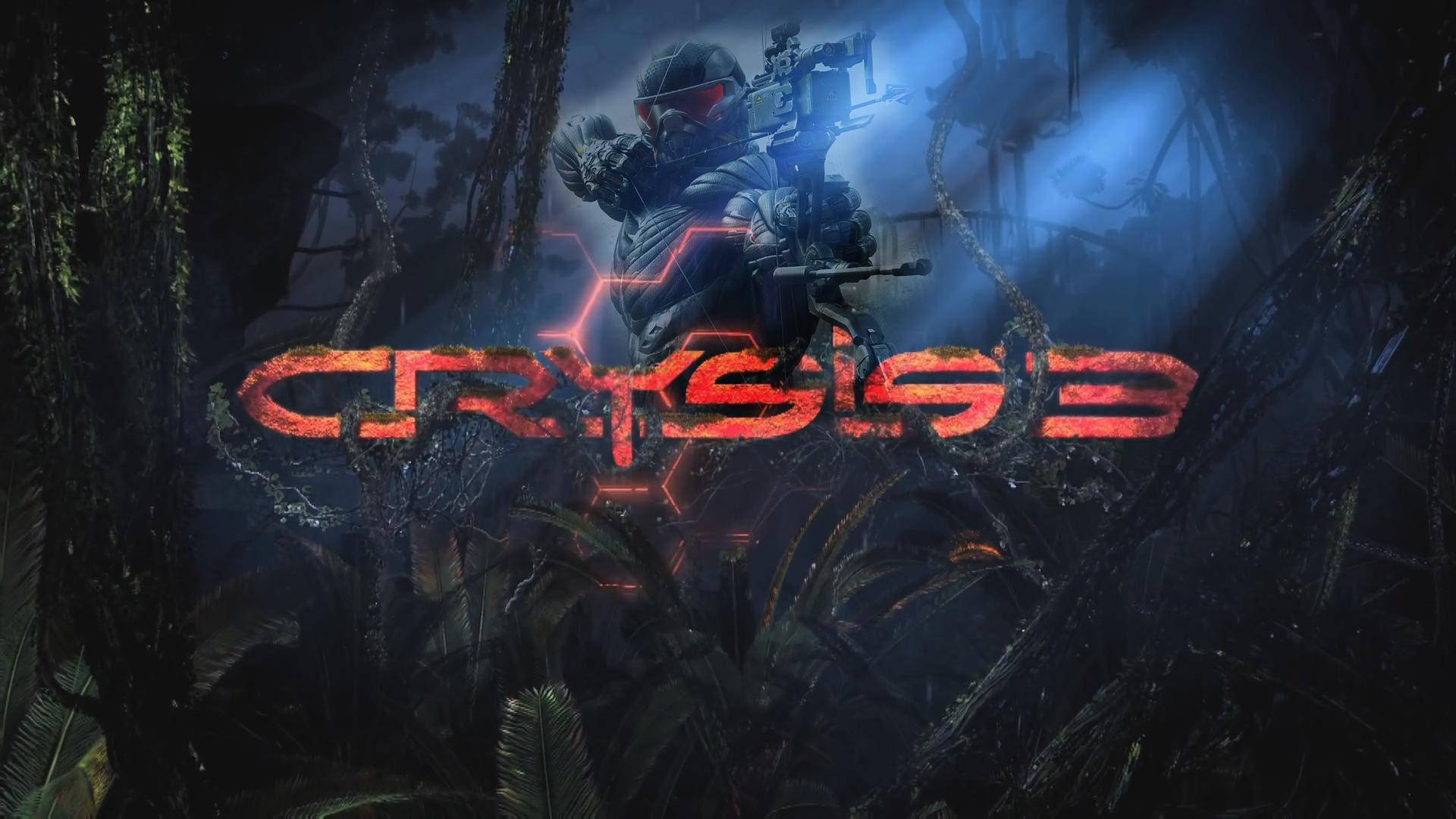 Crysis 3 桌布 壁紙 — 一名身穿未來盔甲的士兵站在黑暗叢林中，手持帶有發光紅色標題文字的武器。