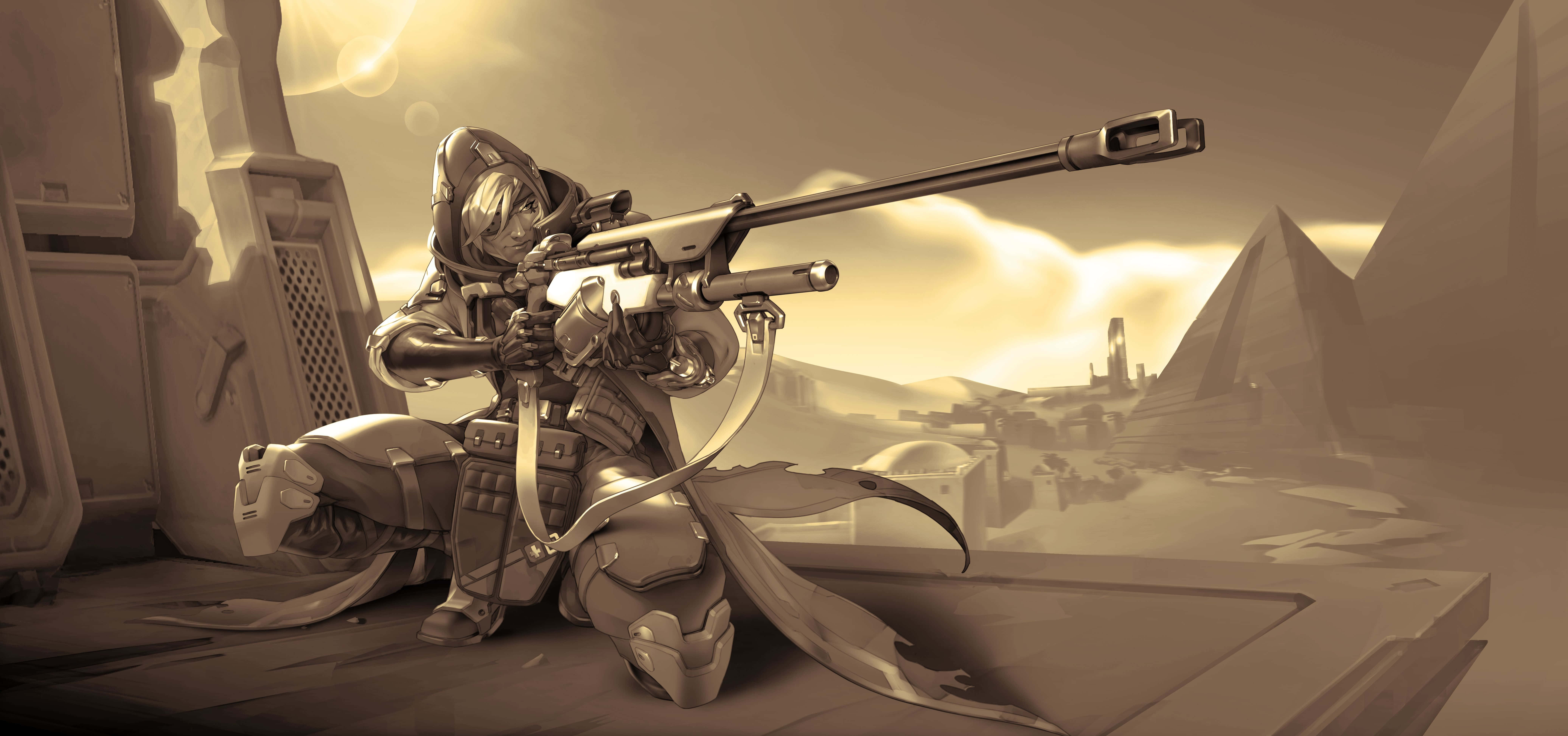 Overwatch Ana 桌布 壁紙 — 一名身穿未來盔甲的士兵蹲下，手持狙擊步槍，俯瞰著迷濛太陽下、有金字塔的沙漠戰場。