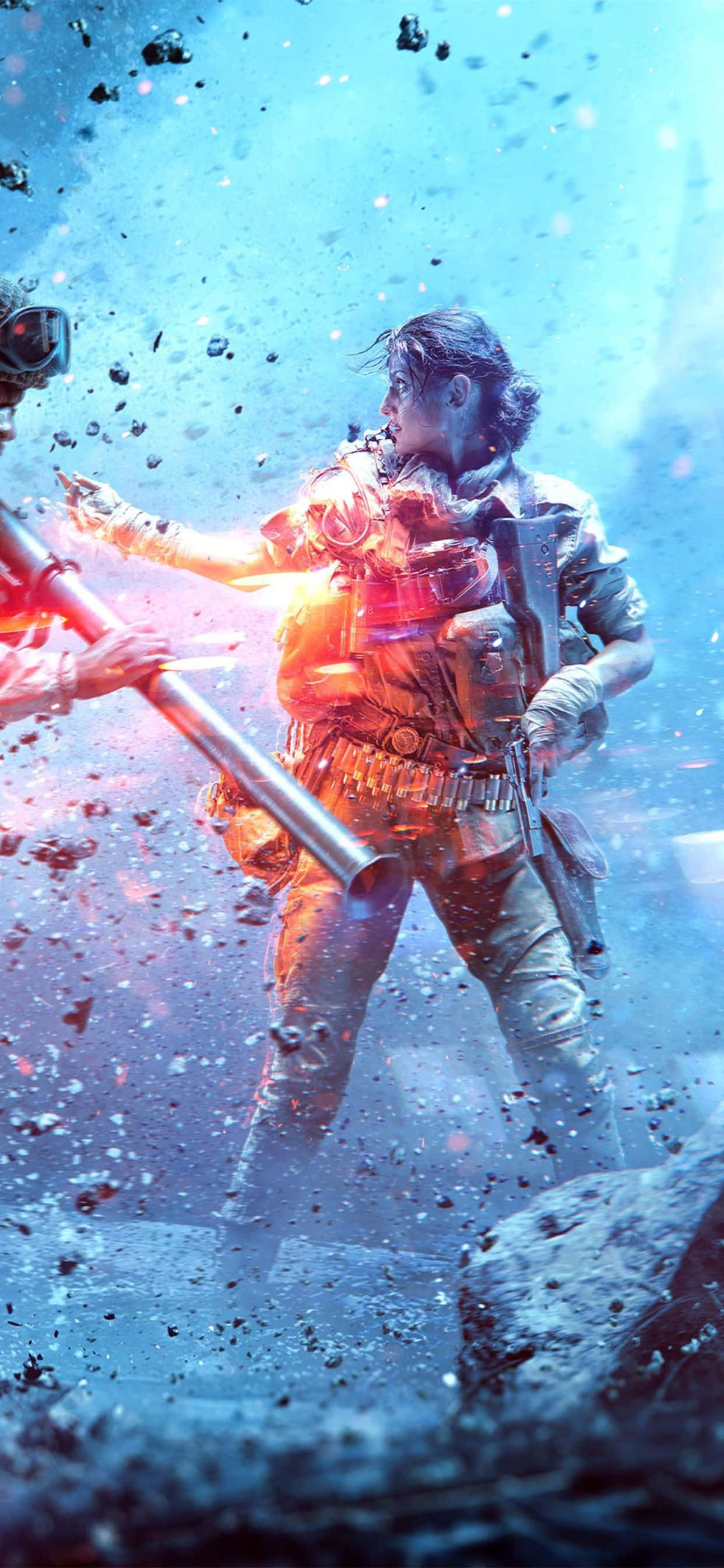 iPhone Xs Max Battlefield V 桌布 壁紙 — 一名身穿未來盔甲的戰士在充滿碎片的藍色和紅色爆炸中與敵人交鋒。