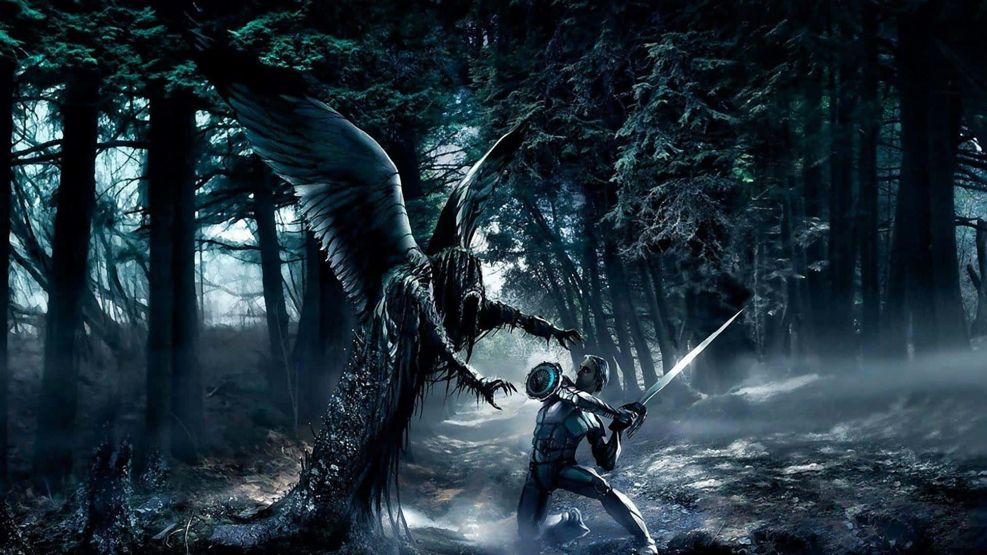 Dark Creature 桌布 壁紙 — 一名身穿未來盔甲的騎士在夜間霧氣瀰漫的黑暗森林中與一隻巨大的有翼怪物戰鬥。