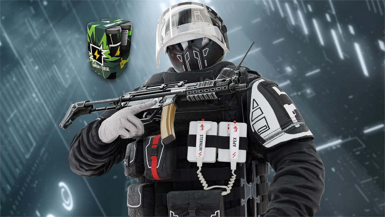 Rainbow Six Siege Doc 桌布 壁紙 — 一名身穿未來裝備的士兵，在數位數據流背景前手持突擊步槍，附近有一個發光的盒子漂浮著。