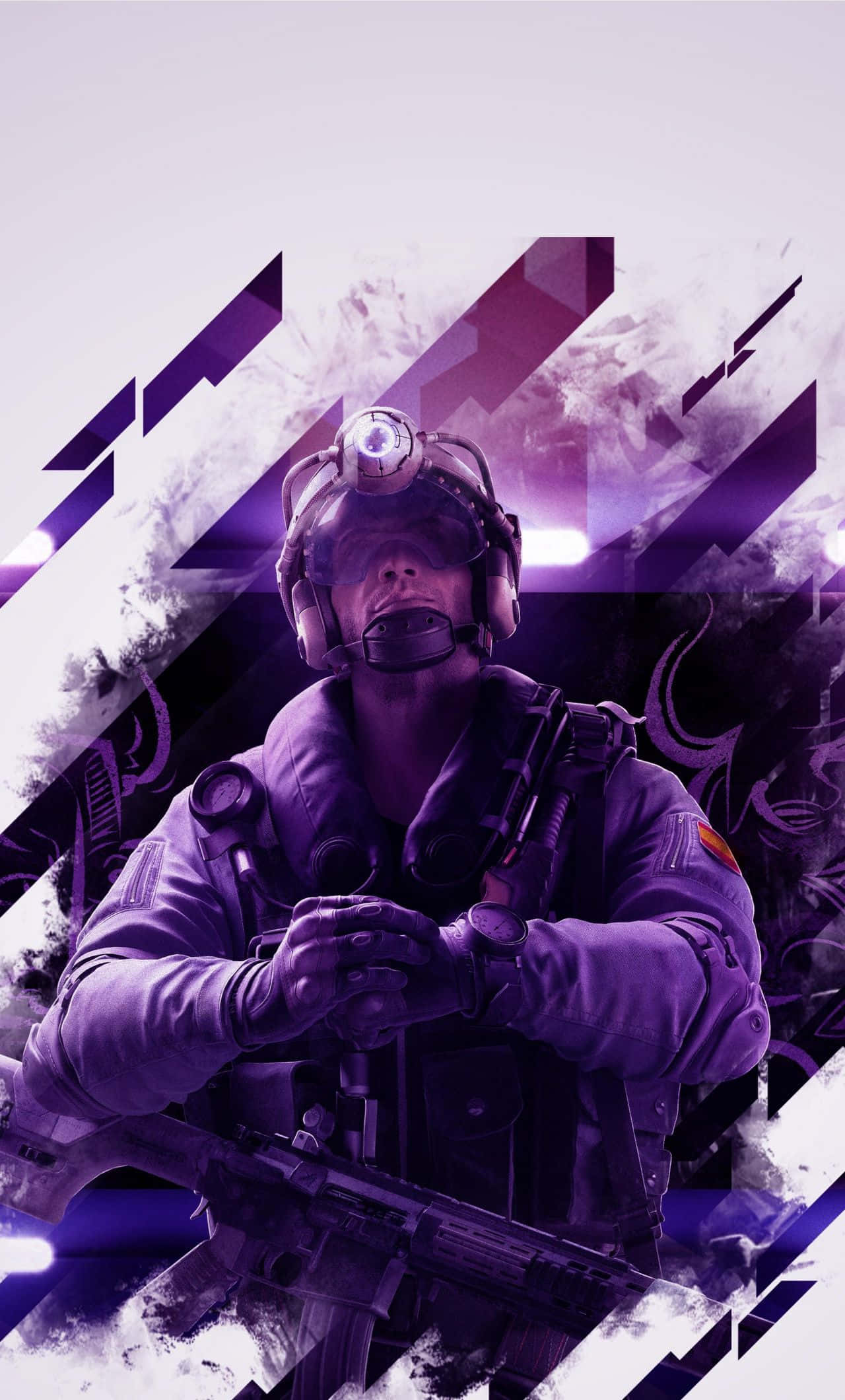 Android Rainbow Six Siege 桌布 壁紙 — 一名身穿未來裝備的士兵，在風格化的紫色和白色抽象背景前，手持步槍蓄勢待發。