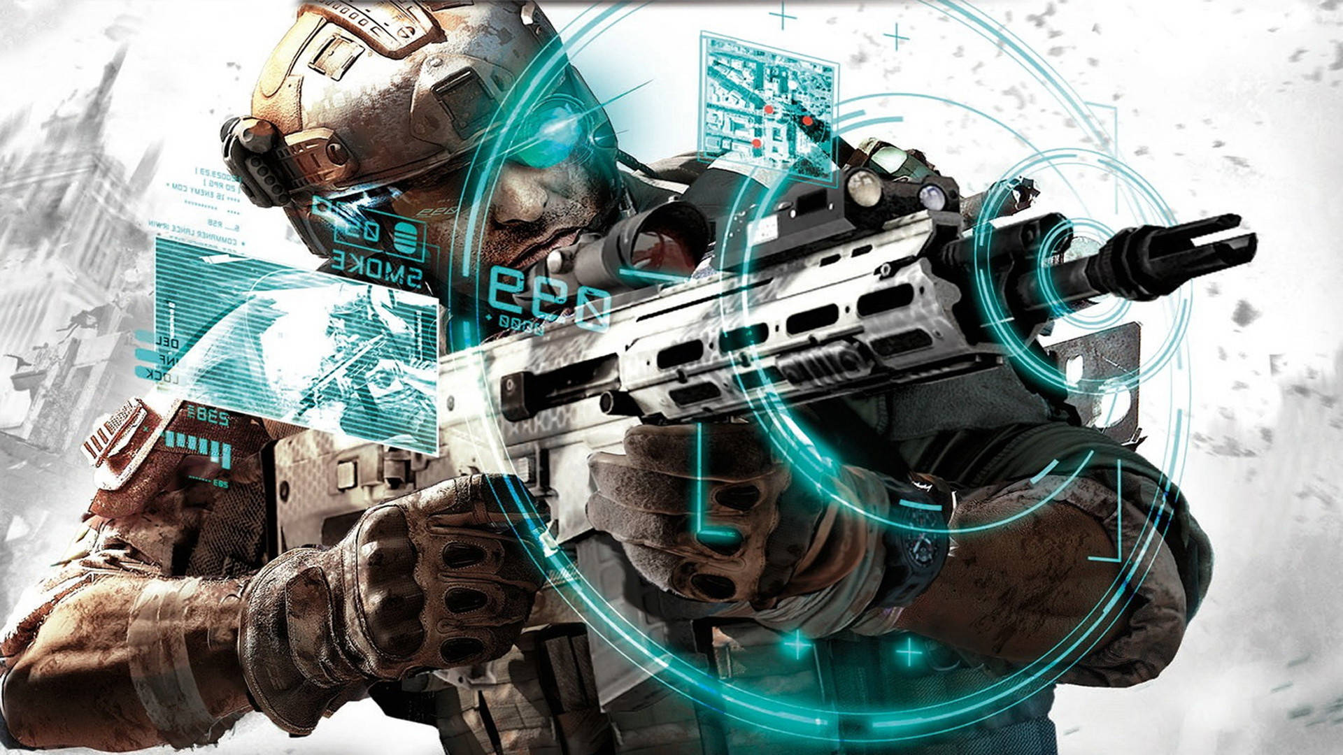 PC 遊戲 桌布 壁紙 — 一名身穿未來裝備的士兵在 gritty 的戰鬥場景中，瞄準一支帶有發光藍色全息覆蓋層的高科技步槍。