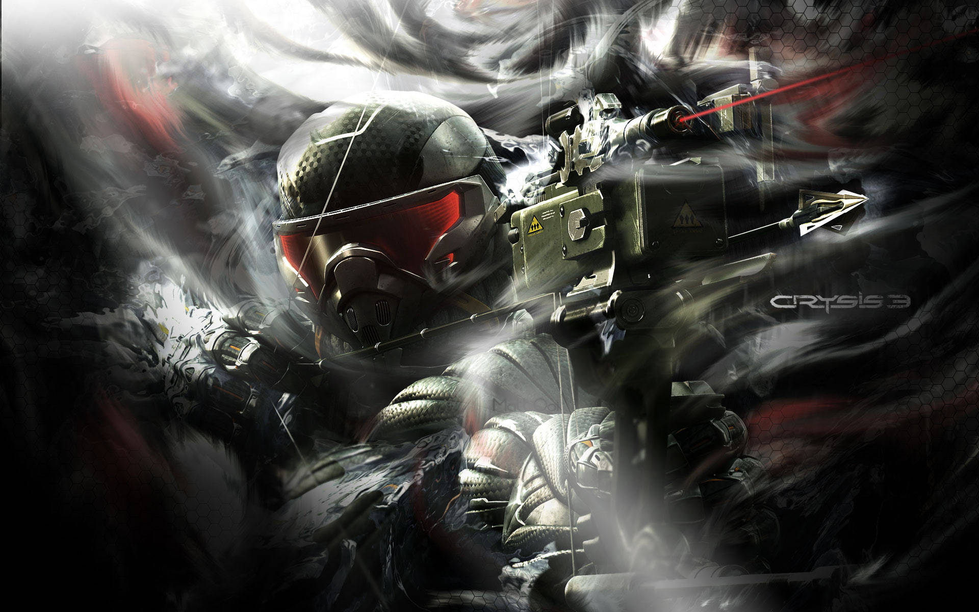 crysis 3 4K 桌布 壁紙 — 一名身穿未來裝備的士兵在旋轉的煙霧和碎片中發射高科技武器，呈現 gritty 的戰鬥場景。