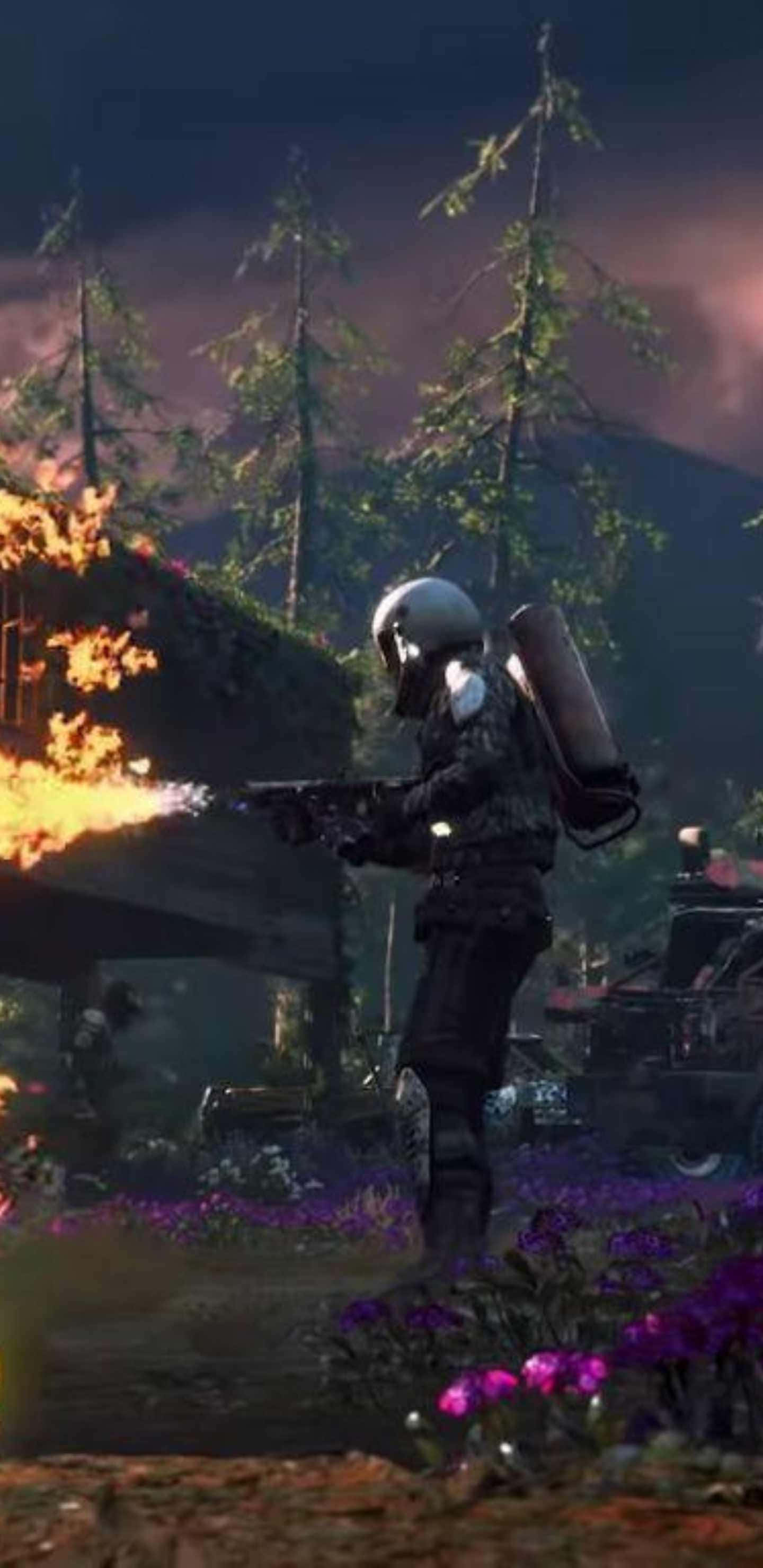 Android Far Cry New Dawn 桌布 壁紙 — 一名身穿未來裝備的士兵在暮色天空下，於燃燒的廢墟和紫色花朵中開火。