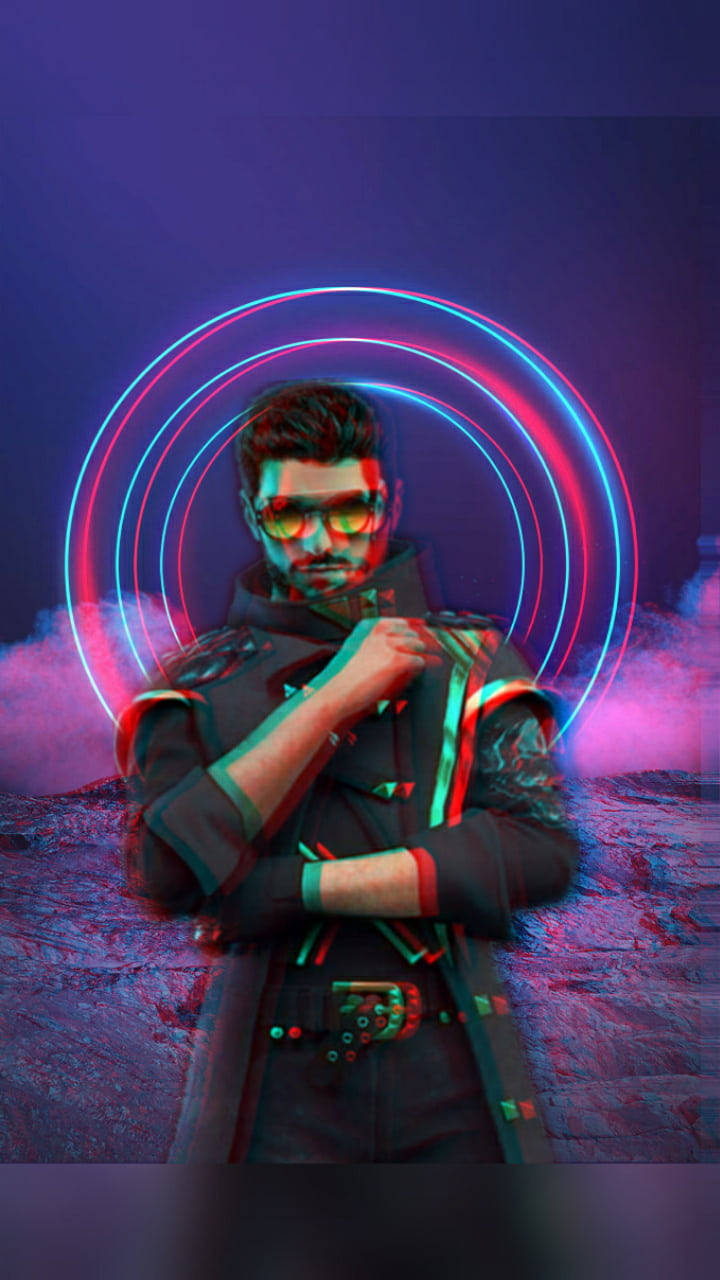 character 桌布 壁紙 — 一名身穿未來裝備的男子站在發光的霓虹環前，背景是煙霧瀰漫的紫色。