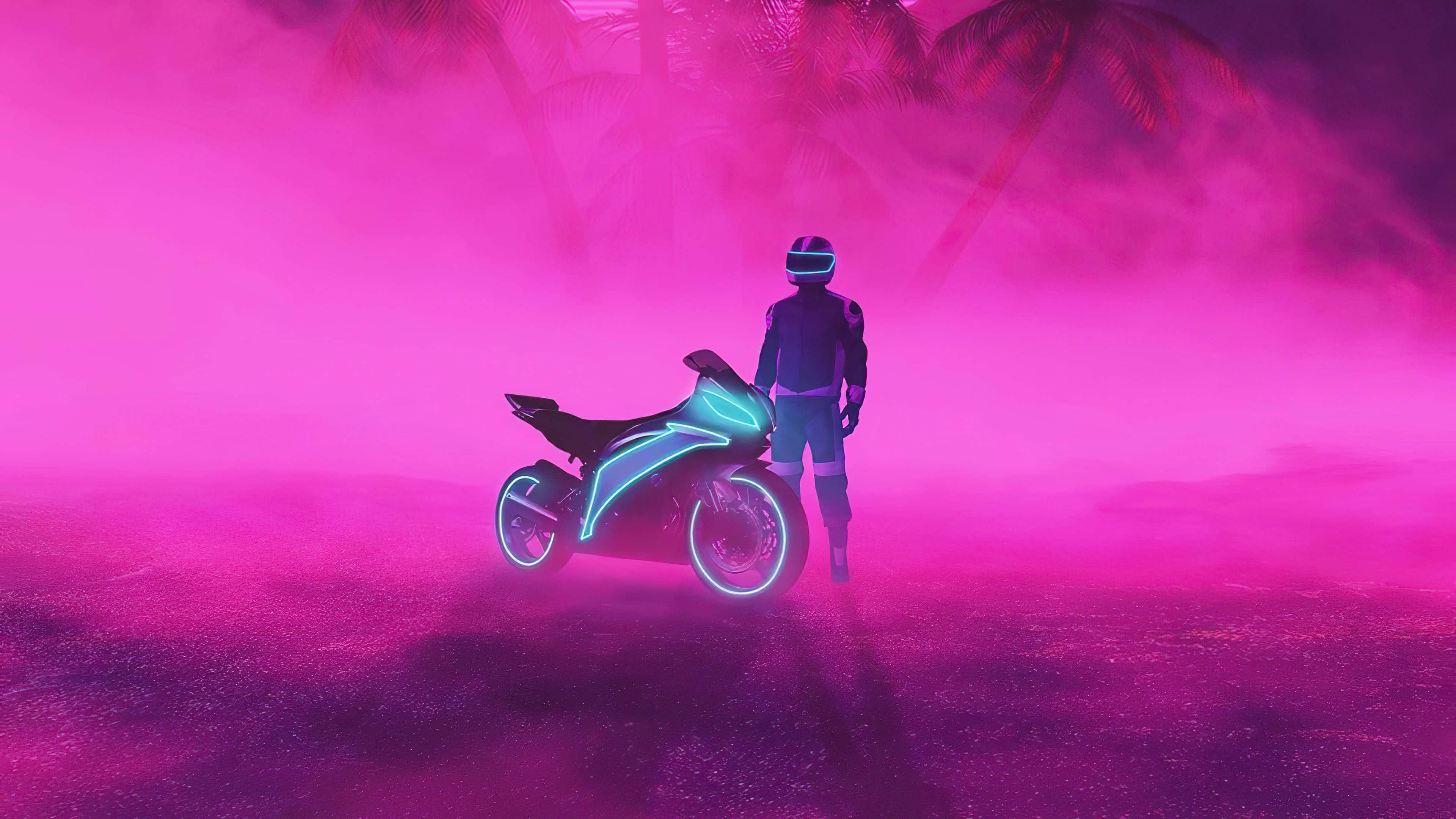 biker 桌布 壁紙 — 一名身穿未來裝備的騎士站在一輛發光的霓虹機車旁，背景是超現實的粉紅霧氣和棕櫚樹。