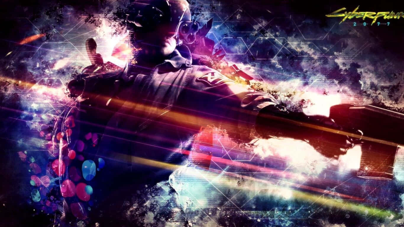 桌布 壁紙 — 一名身穿未來裝甲的 cyberpunk 戰士在霓虹光線和數位碎片中發射發光武器。