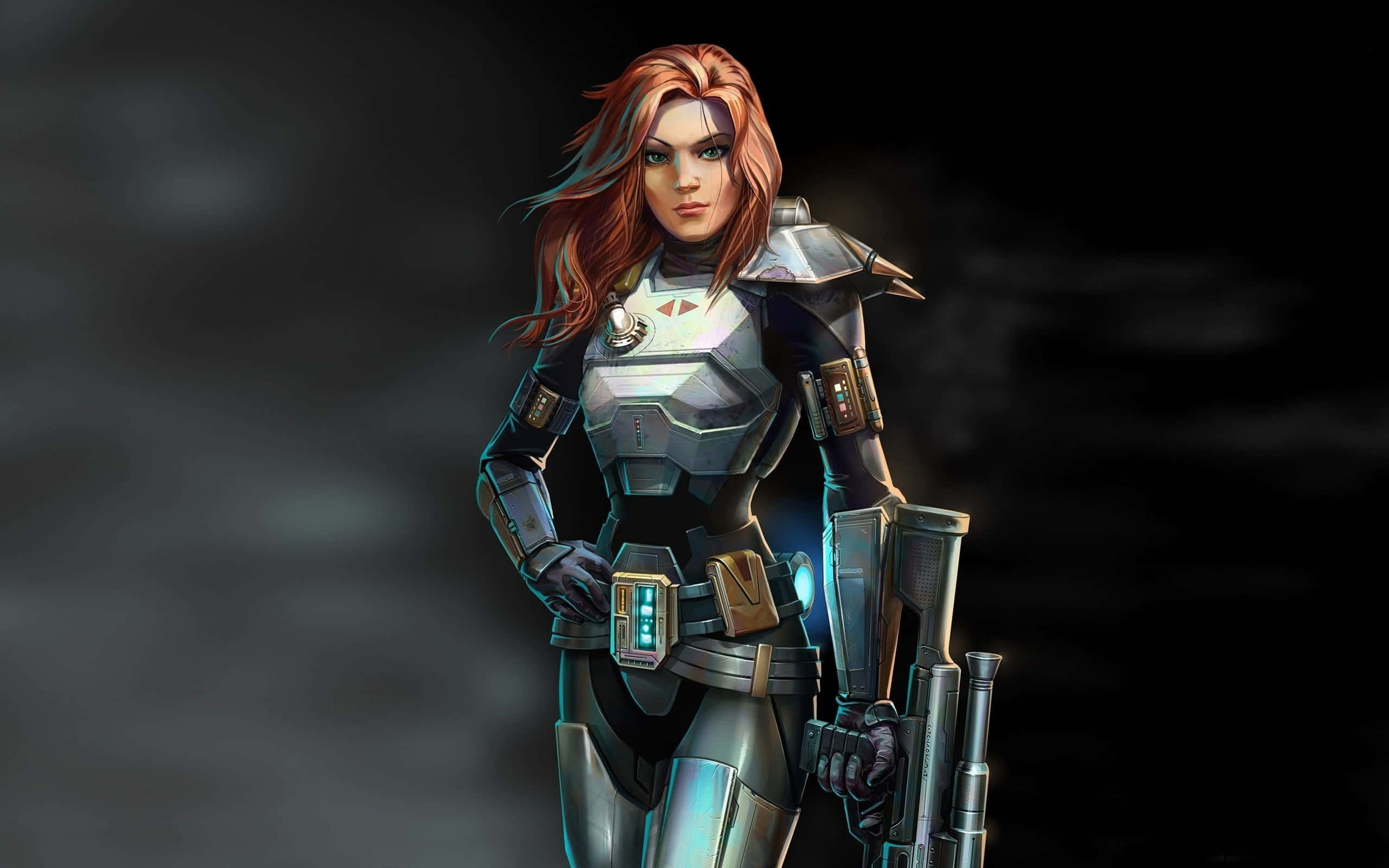 Bounty Hunters 桌布 壁紙 — 一名身穿未來裝甲的兇猛女戰士，在黑暗煙霧背景下手持發光武器準備就緒。