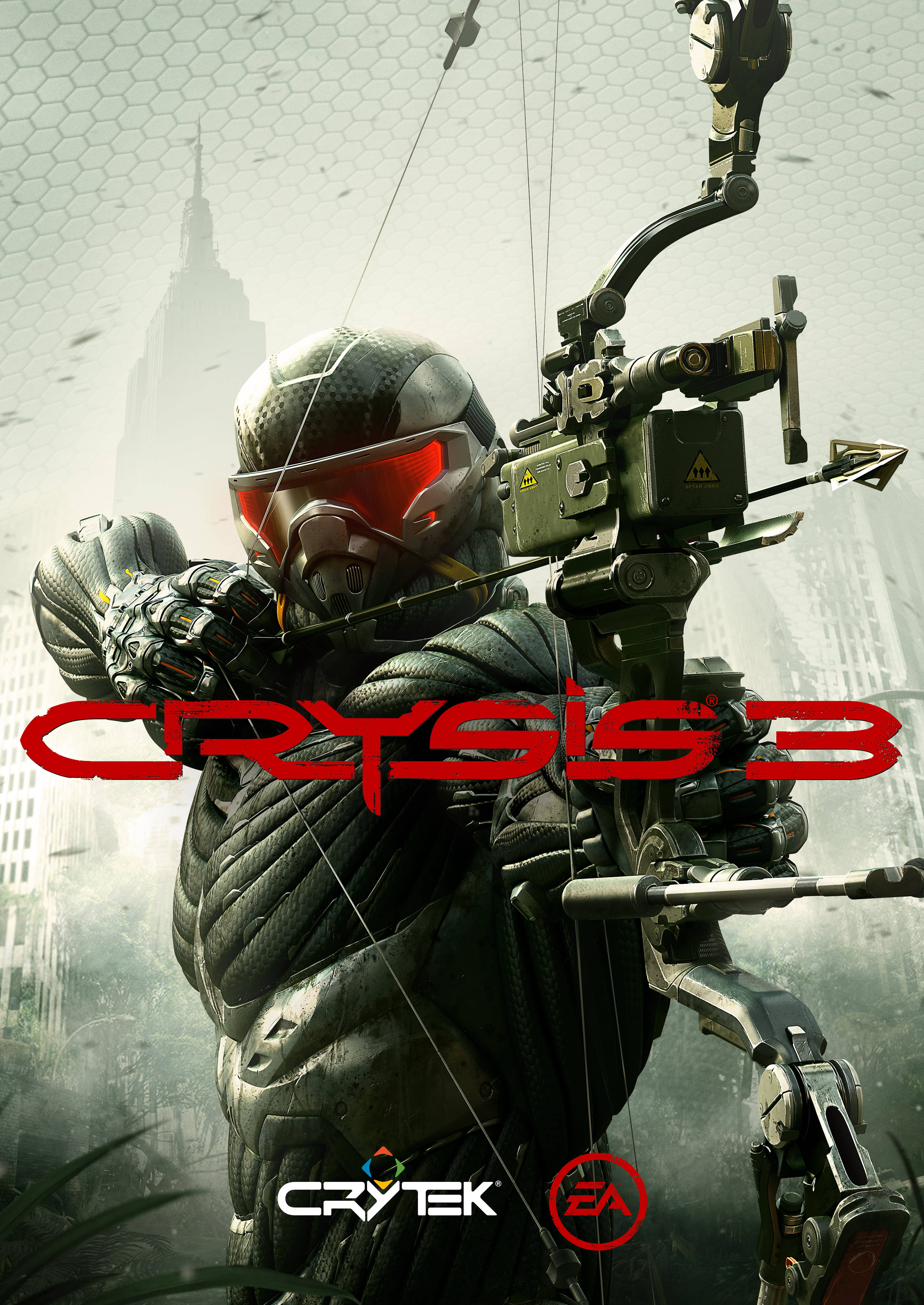 crysis 3 4K 桌布 壁紙 — 一名身穿未來裝甲的士兵，正用高科技弓箭瞄準背景中煙霧瀰漫的城市天際線，遠處有一座高聳的尖塔。
