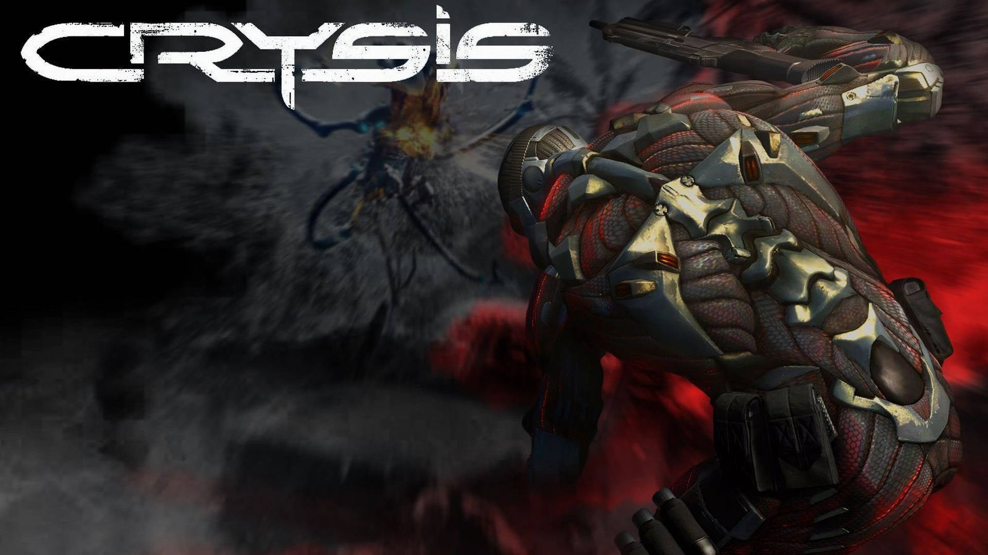 Crysis Warhead 桌布 壁紙 — 一名身穿未來裝甲的士兵在 Crysis 標誌下蹲伏於煙霧和紅色能量爆發之中。
