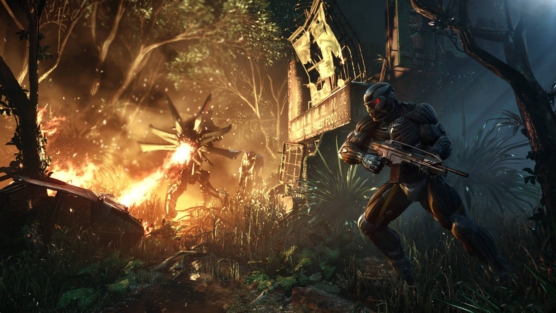 Crysis 3 桌布 壁紙 — 一名身穿未來裝甲的士兵在夜晚燃燒的叢林廢墟中向發光的機械敵人開火。