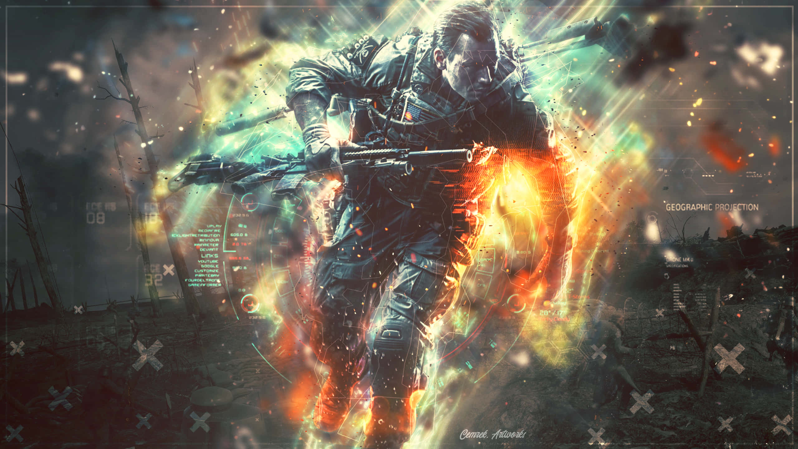 Battlefield Desktop 桌布 壁紙 — 一名身穿未來裝甲的士兵在戰火摧殘的戰場上，伴隨著發光的能量效果和數位疊加，衝過熾熱的爆炸。