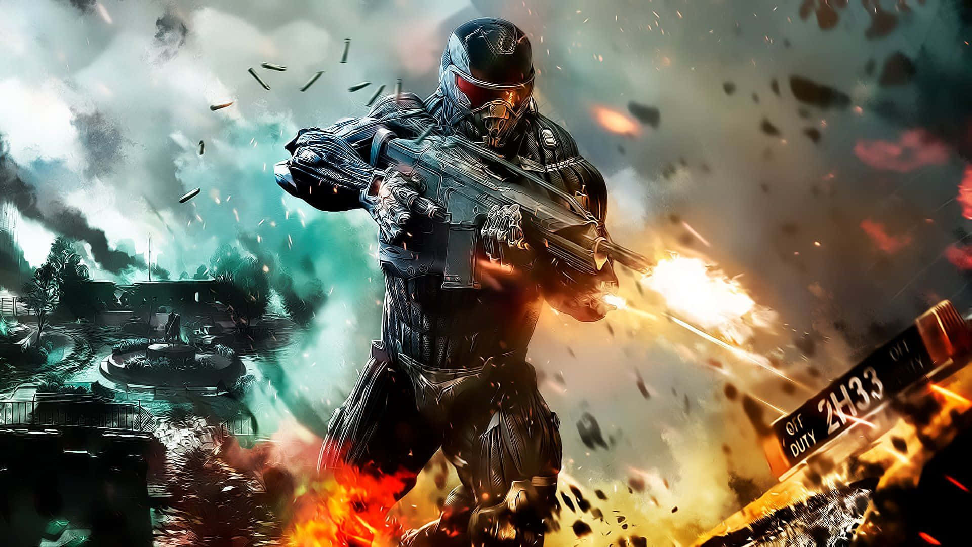 3d Gaming 桌布 壁紙 — 一名身穿未來裝甲的士兵在戰火摧殘的戰場上，於爆炸和飛揚的碎片中發射熾熱的武器。