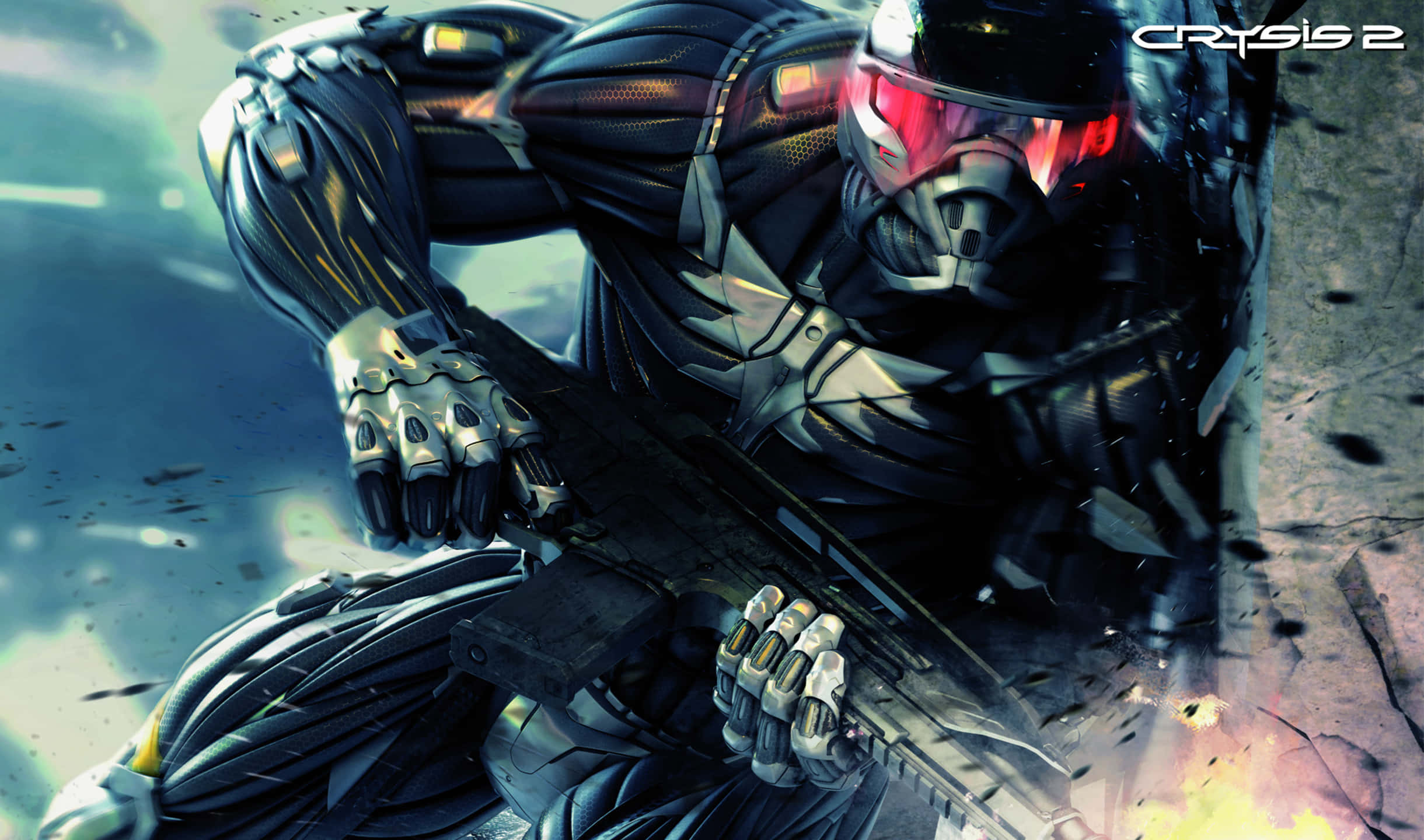 2440x1440 Crysis 3 桌布 壁紙 — 一名身穿未來裝甲的士兵在明亮的天空下，蹲在瓦礫和煙霧中，手持步槍。