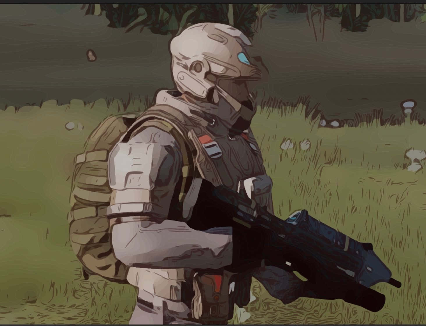 Halo Unsc 桌布 壁紙 — 一名身穿未來裝甲的士兵在昏暗燈光下的草地上警覺地站著，手持高科技步槍。