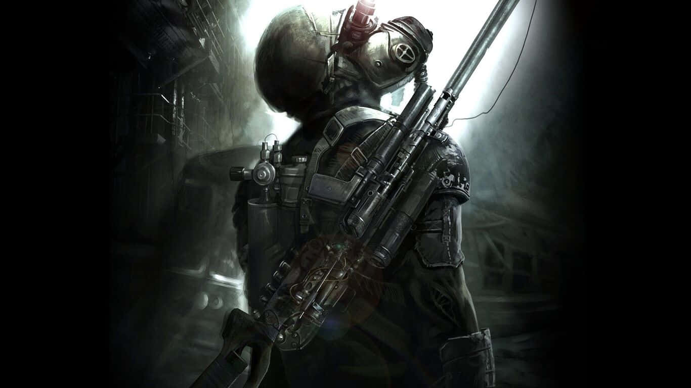 1366x768 Metro Last Light 桌布 壁紙 — 一名身穿未來裝甲的士兵在昏暗的工業環境中手持重型武器。