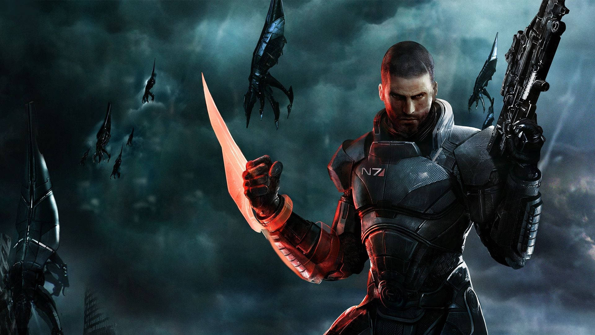 Mass Effect 3 桌布 壁紙 — 一名身穿未來裝甲的士兵在暴風雨的天空下揮舞著發光的刀刃和步槍對抗黑暗的飛行敵人。