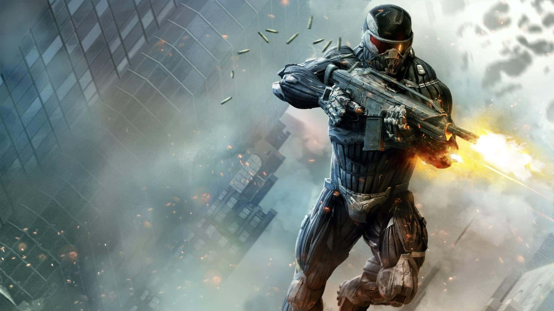 First-person Shooter 桌布 壁紙 — 一名身穿未來裝甲的士兵在煙霧和墜落的子彈中，於破碎的城市景觀中發射熾熱的武器。