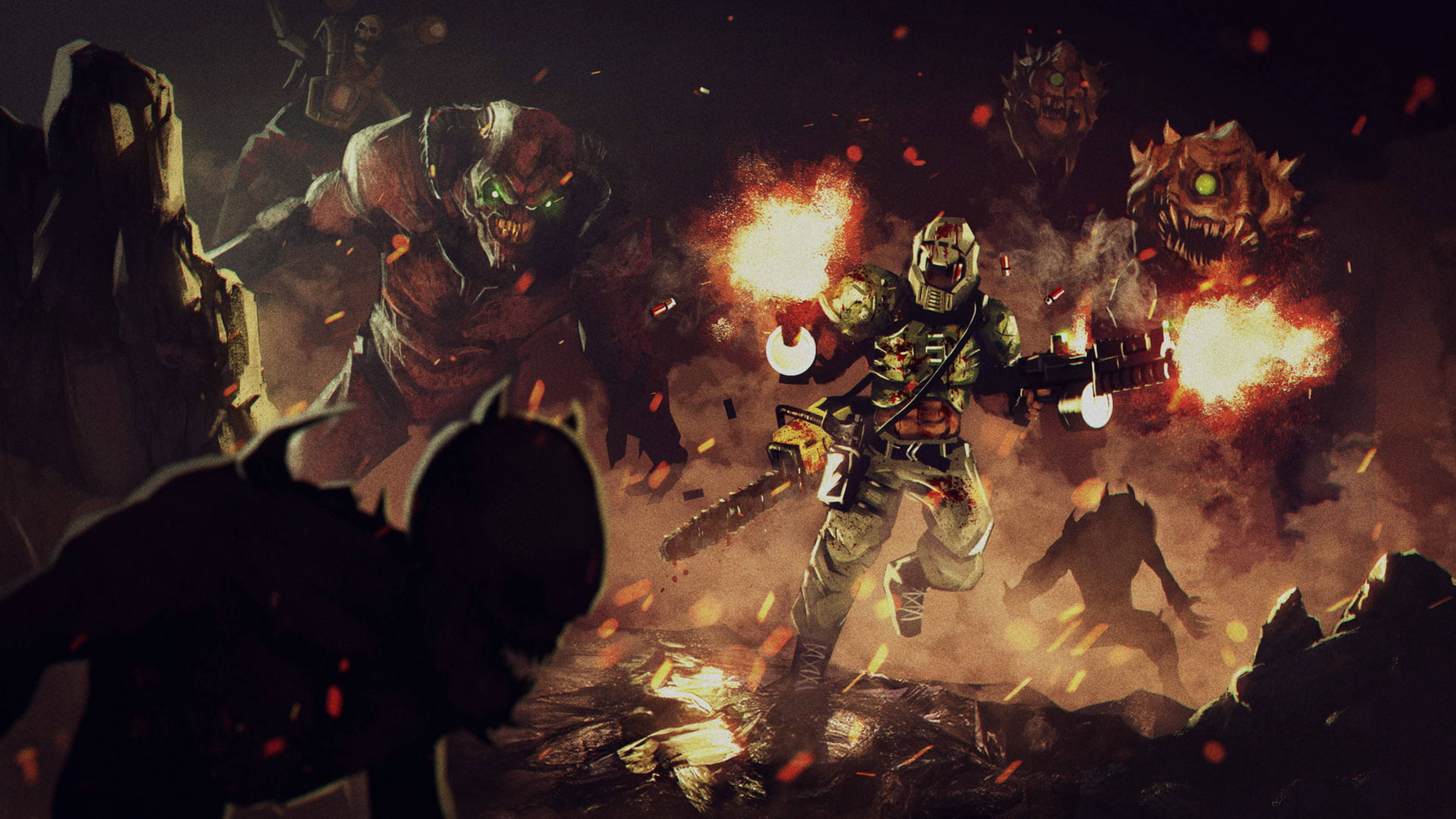 Doomguy 桌布 壁紙 — 一名身穿未來裝甲的士兵在熾熱混亂的戰場上，用雙火焰噴射器向巨大的外星怪物開火。
