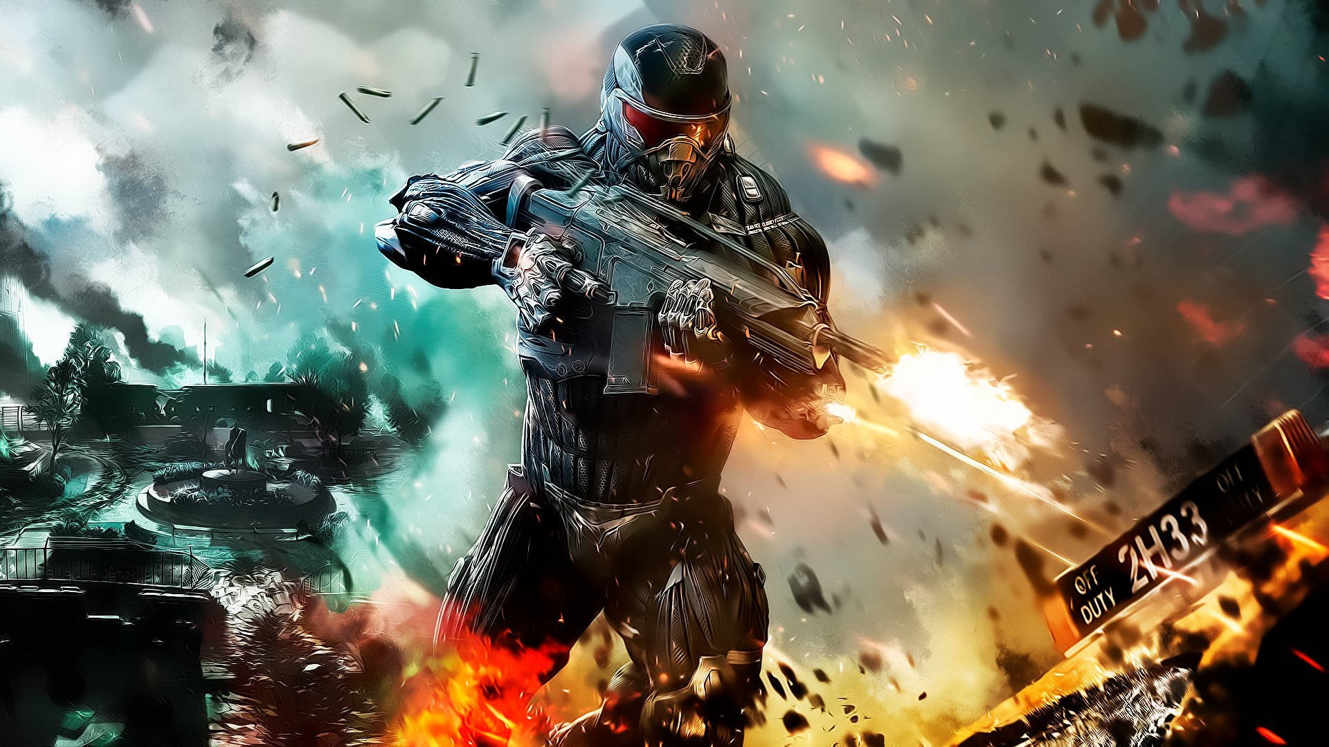 game 桌布 壁紙 — 一名身穿未來裝甲的士兵在爆炸和飛揚的碎片中，於飽受戰爭蹂躪的戰場上發射熾熱的武器。