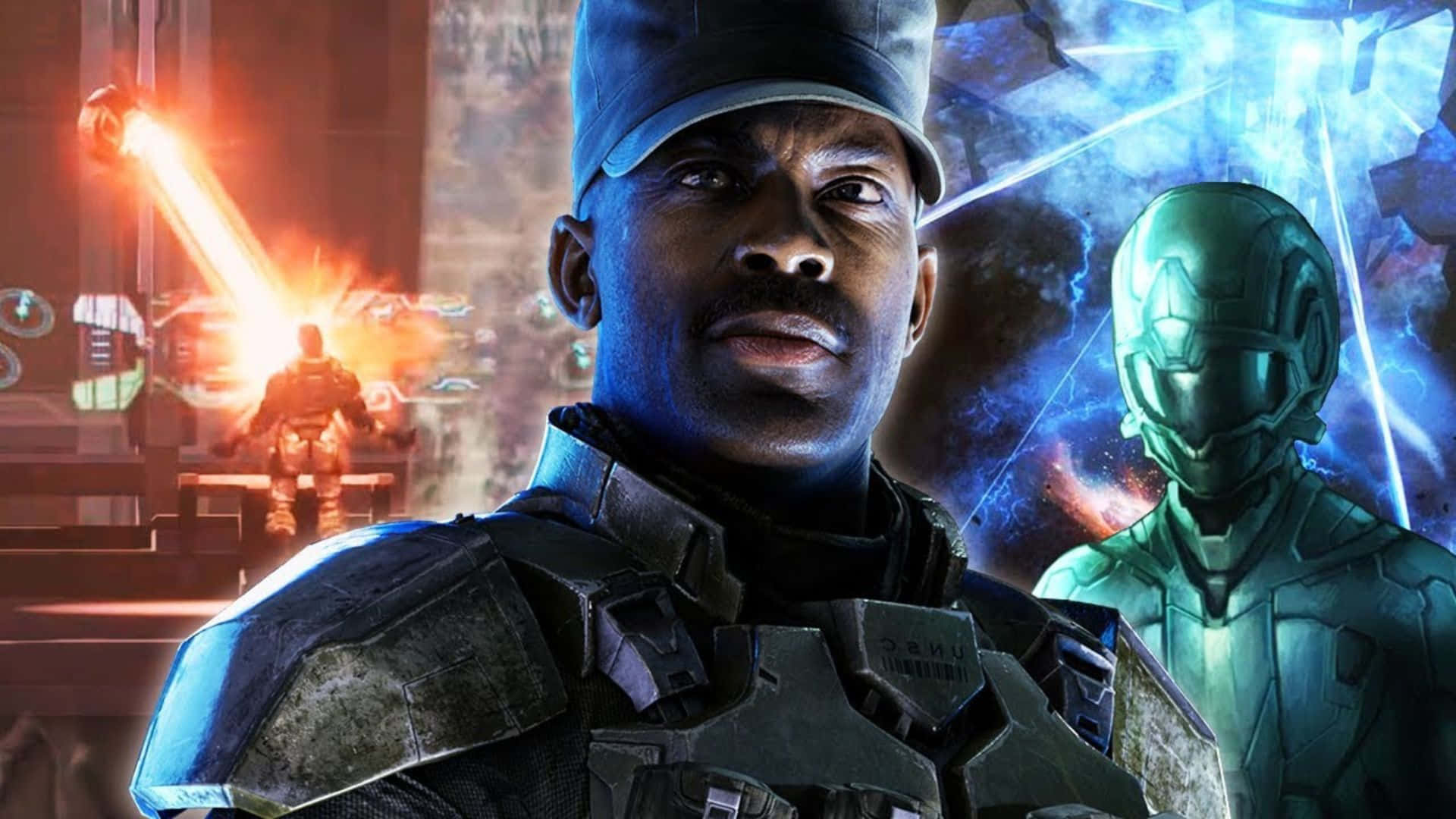 Sergeant Johnson 桌布 壁紙 — 一名身穿未來裝甲的士兵在科幻戰鬥場景中，能量武器閃耀，他凝視著前方。