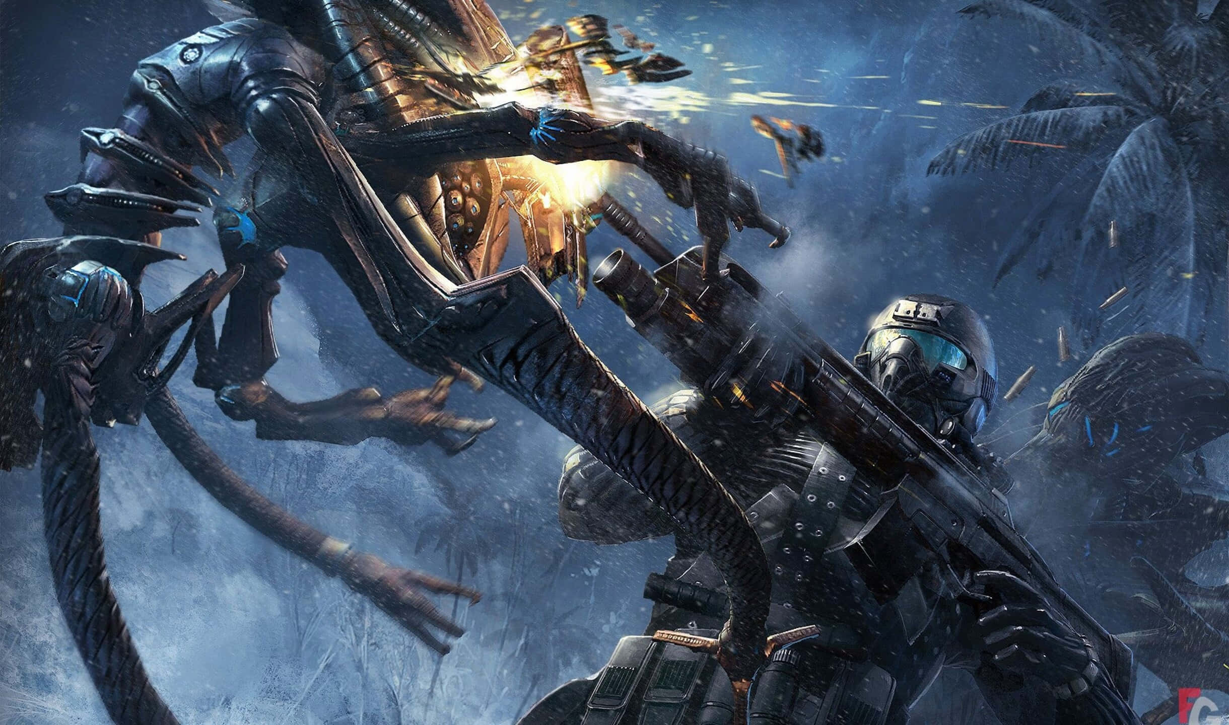 2440x1440 Crysis 3 桌布 壁紙 — 一名身穿未來裝甲的士兵在風暴叢林戰場中向巨大的外星生物開火。