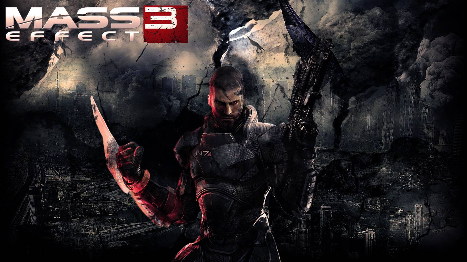 Mass Effect 3 桌布 壁紙 — 一名身穿未來裝甲的士兵在風暴天空下，對著崩塌的城市景觀挑釁地站立。