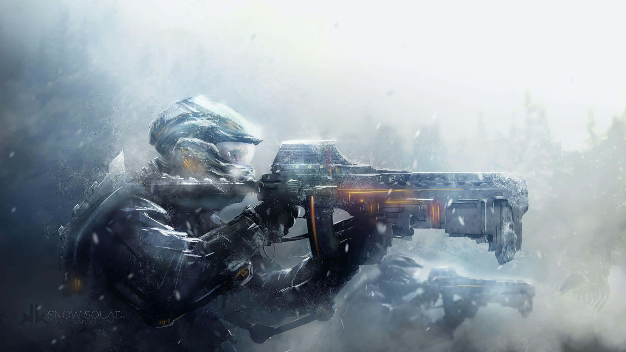1440p 桌布 壁紙 — 一名身穿未來裝甲的士兵穿過雪霧在森林戰場上發射發光武器。