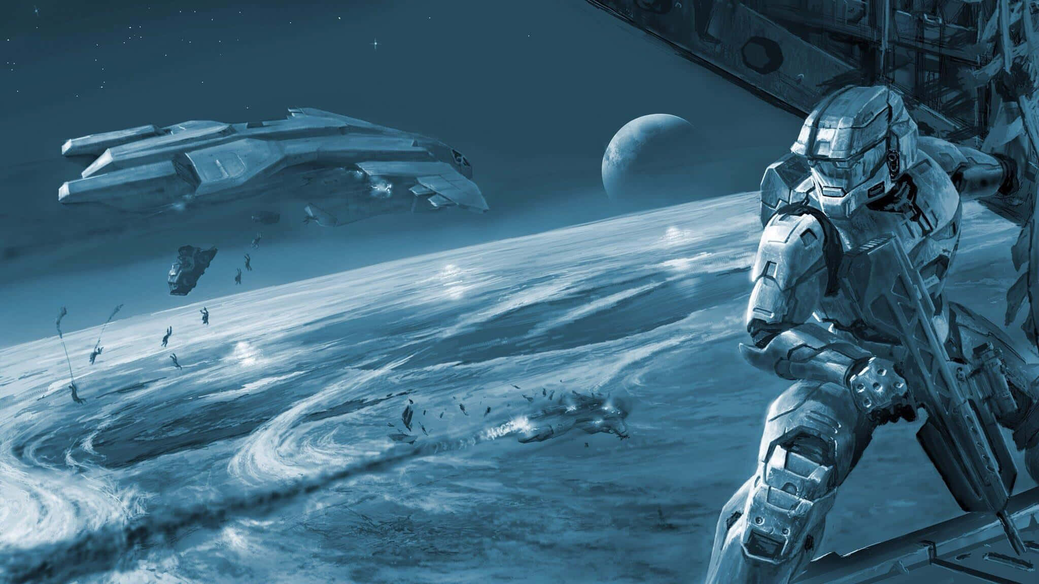 Halo Battle 桌布 壁紙 — 一名身穿未來裝甲的士兵站在一個積雪的外星行星上，一艘太空船在星空下懸浮在冰凍的海洋上方。