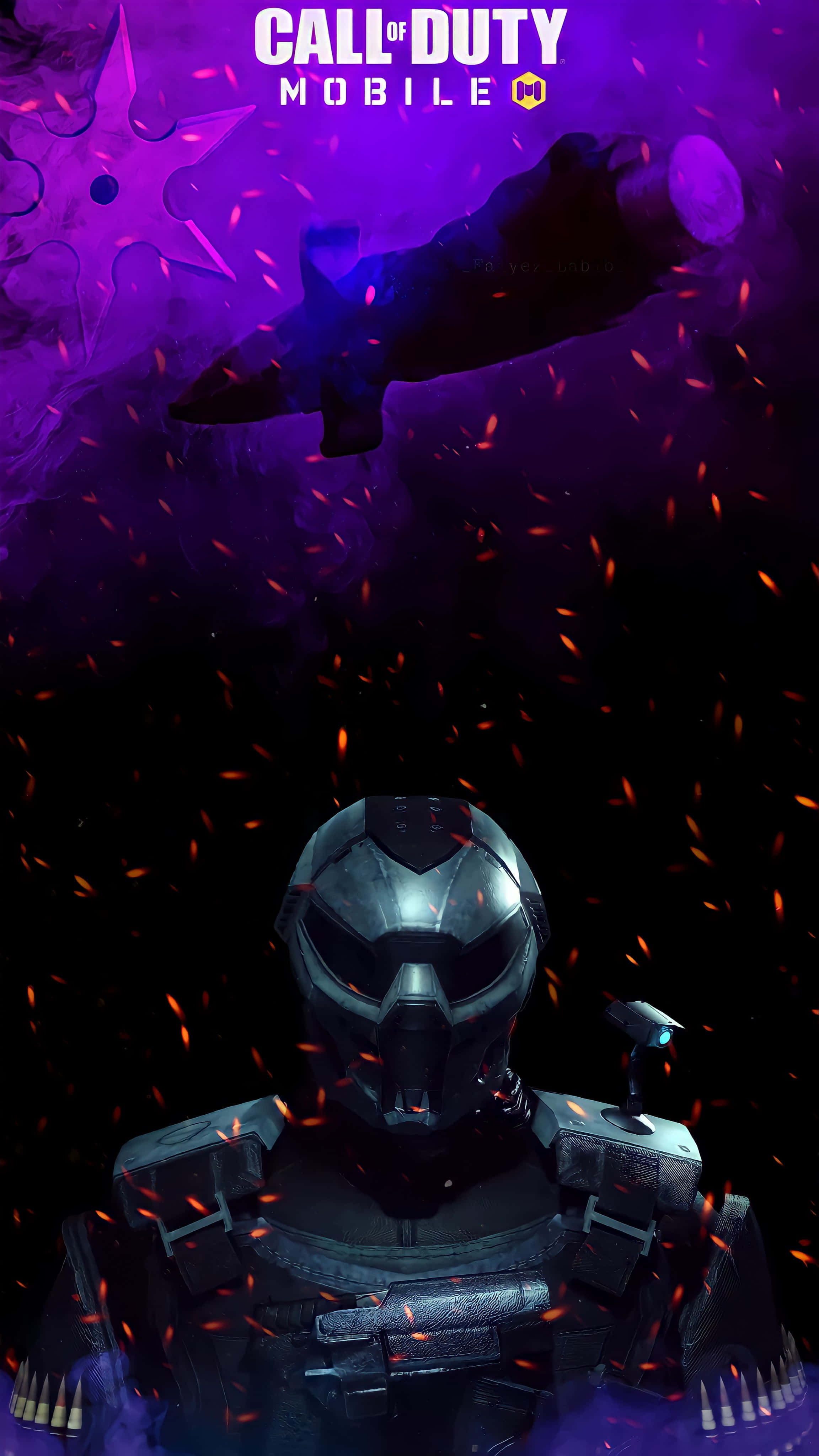 Cod Mobile Character Skins 桌布 壁紙 — 一名身穿未來裝甲的士兵站在紫色宇宙天空下的火花之中，上方有一艘太空船。