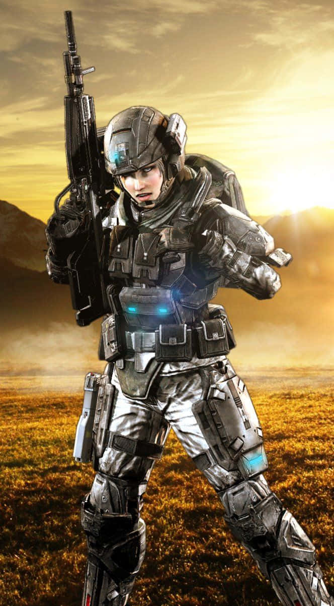 Halo Unsc 桌布 壁紙 — 一名身穿未來裝甲的女兵在日落時分的金色田野中持步槍警戒站立。