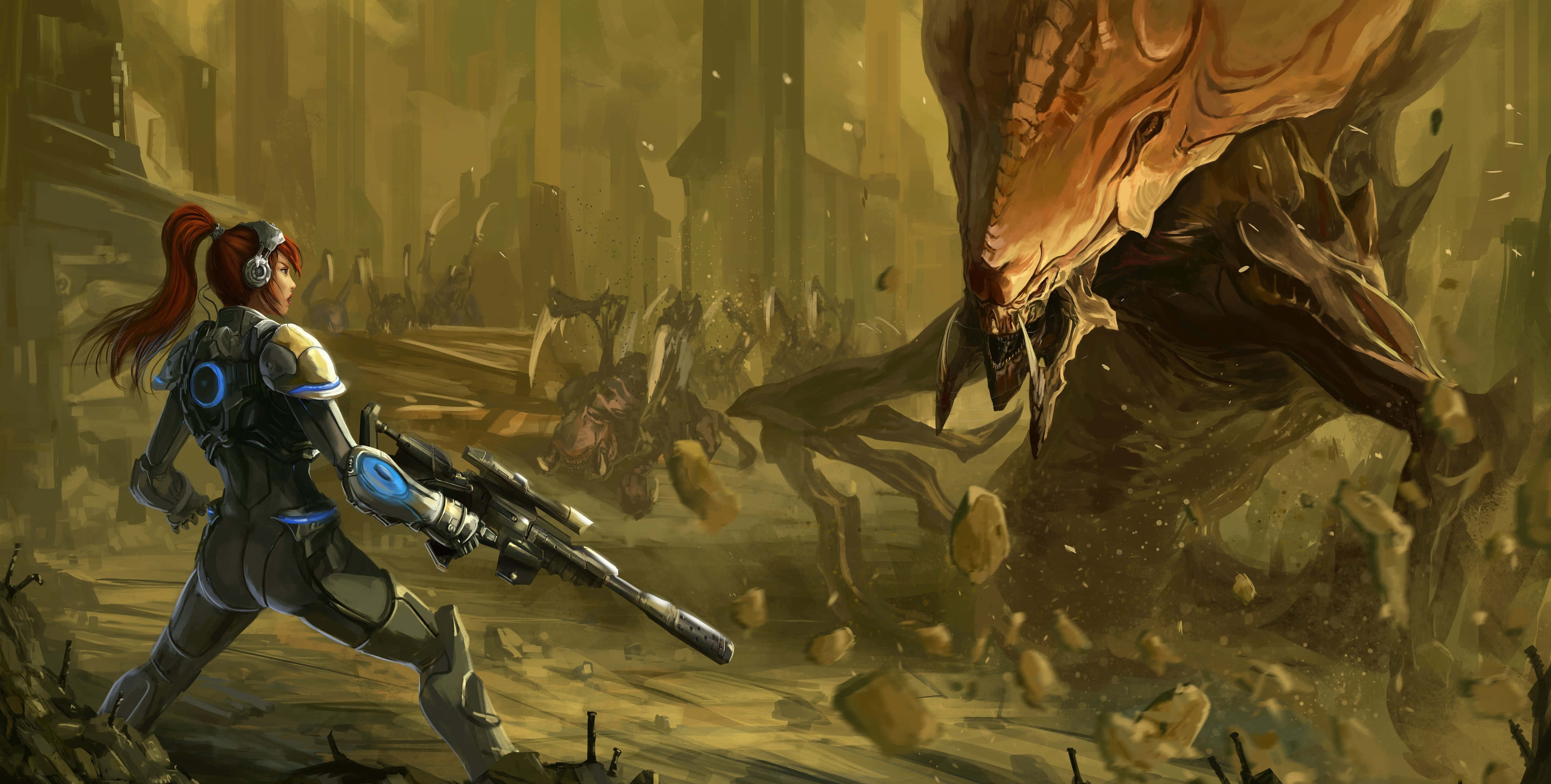 Starcraft Characters 桌布 壁紙 — 一名身穿未來裝甲的女兵在毀壞、塵土飛揚的戰場上，用步槍瞄準一隻巨大的怪物。