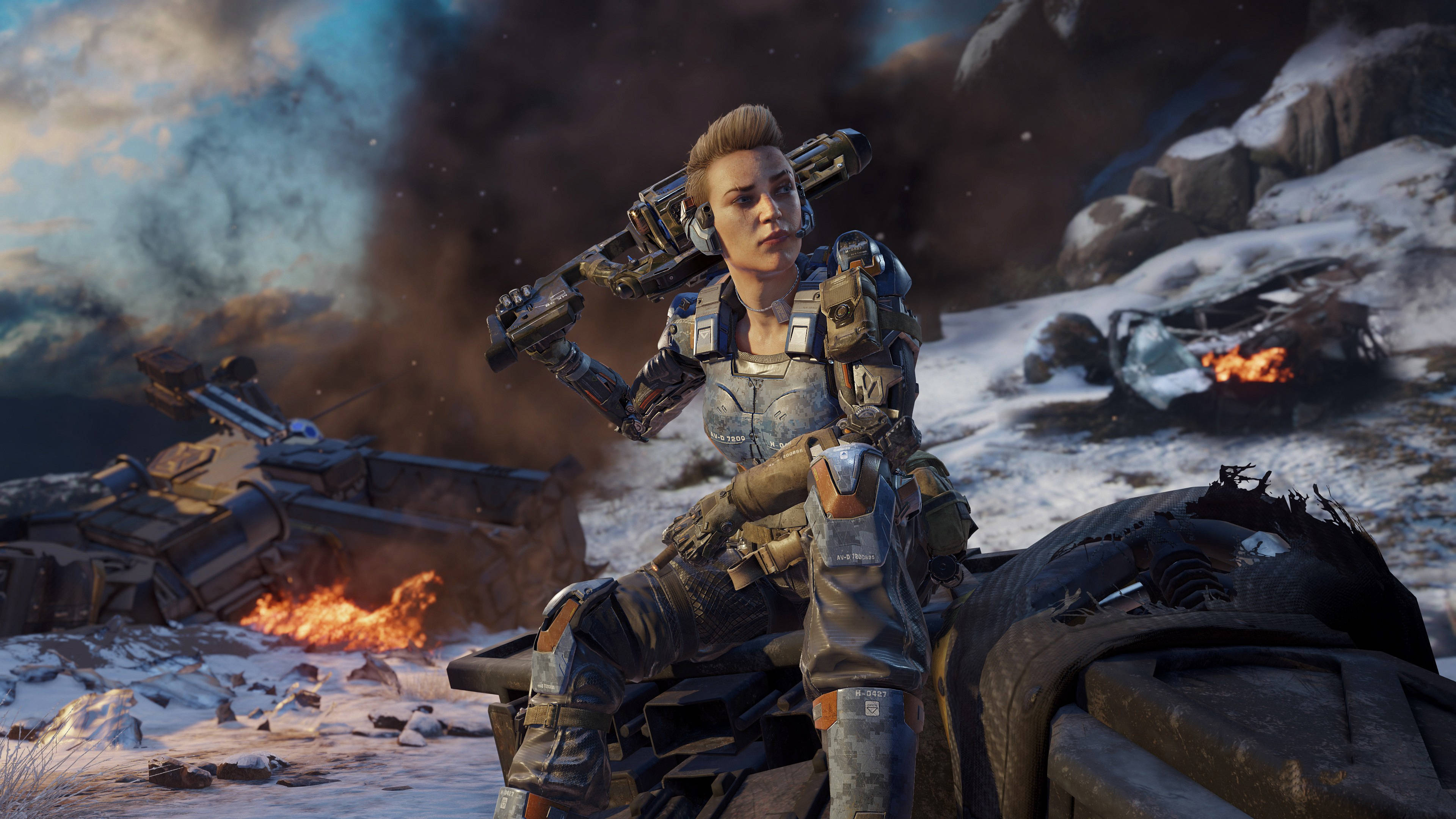 4K call of duty 桌布 壁紙 — 一名身穿未來裝甲的女兵坐在雪地戰場的殘骸上，周圍有燃燒的碎片和煙霧。