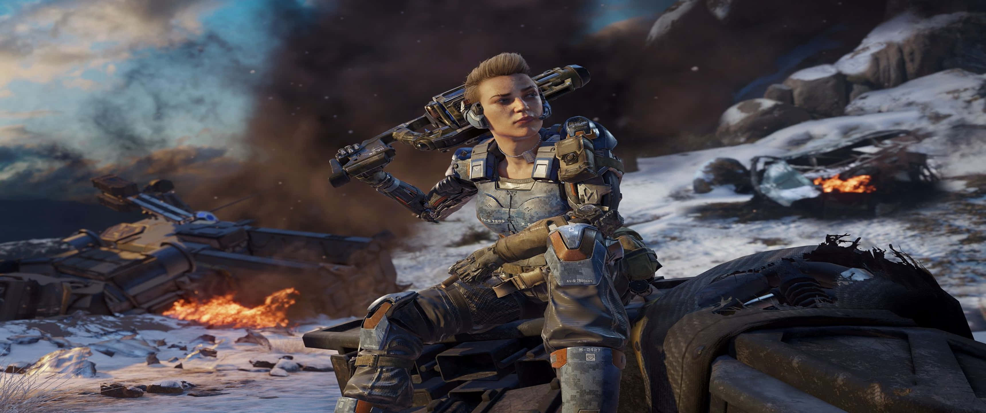 3440x1440p Call Of Duty Black Ops Cold War 桌布 壁紙 — 一名身穿未來裝甲的女兵坐在雪地戰場的殘骸上，周圍有燃燒的碎片和煙霧。