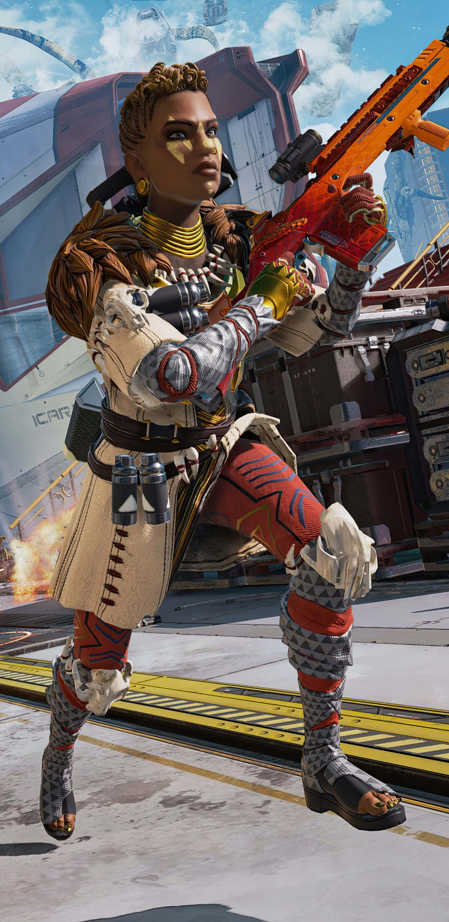 Pixel 3xl Apex Legends 桌布 壁紙 — 一名身穿未來裝甲的女戰士，在戰火摧殘的科幻城市景觀中瞄準一把發光的橙色步槍。