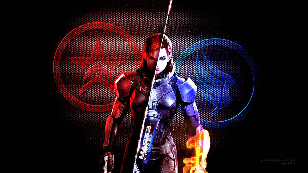 Mass Effect 3 桌布 壁紙 — 一名身穿未來裝甲的女戰士，在黑暗背景中手持發光劍，兩側有紅色和藍色陣營標誌。
