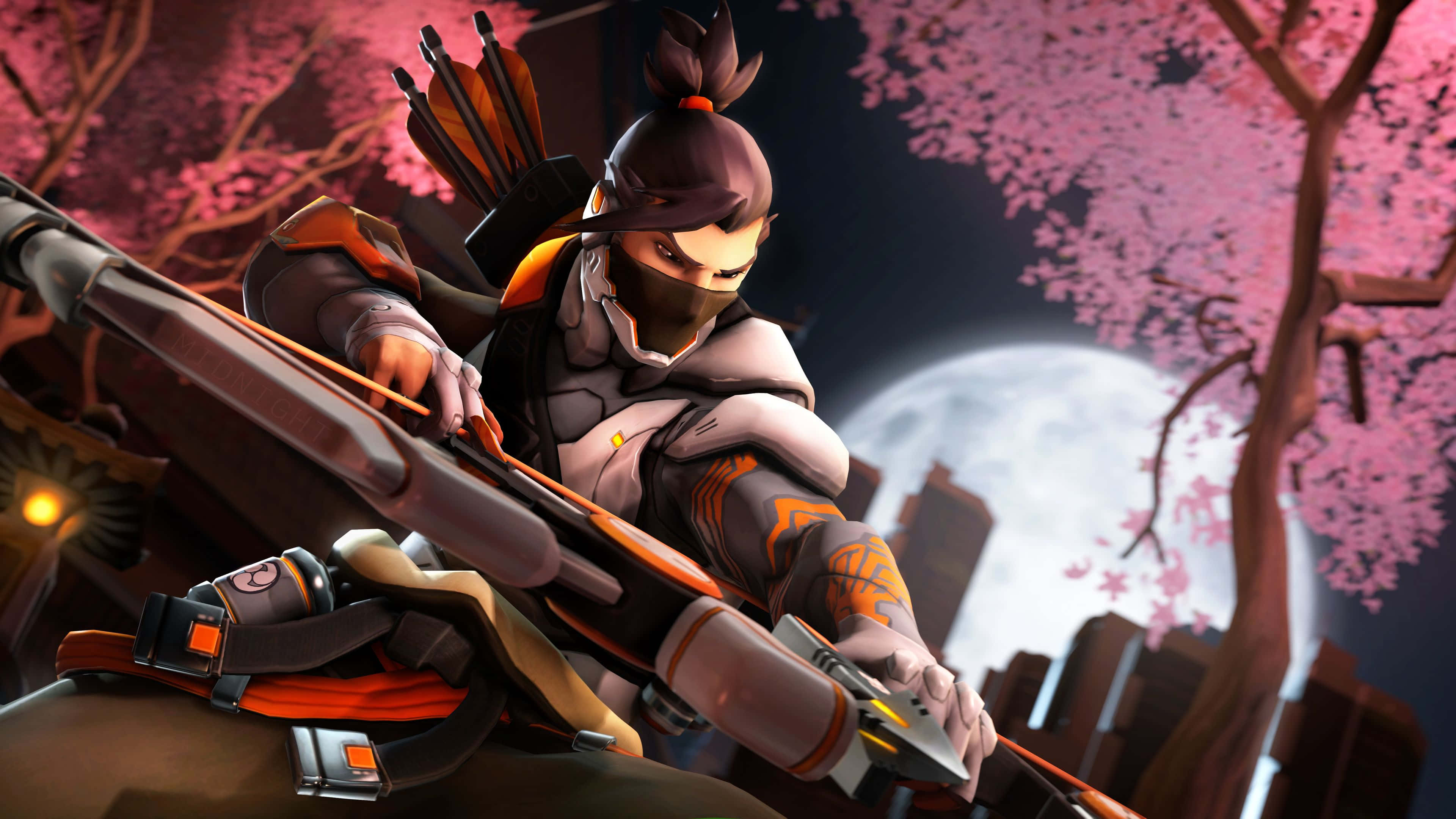 Overwatch Hanzo 桌布 壁紙 — 一名身穿未來裝甲的忍者弓箭手在滿月下瞄準弓箭，滿月被粉紅櫻花環繞。