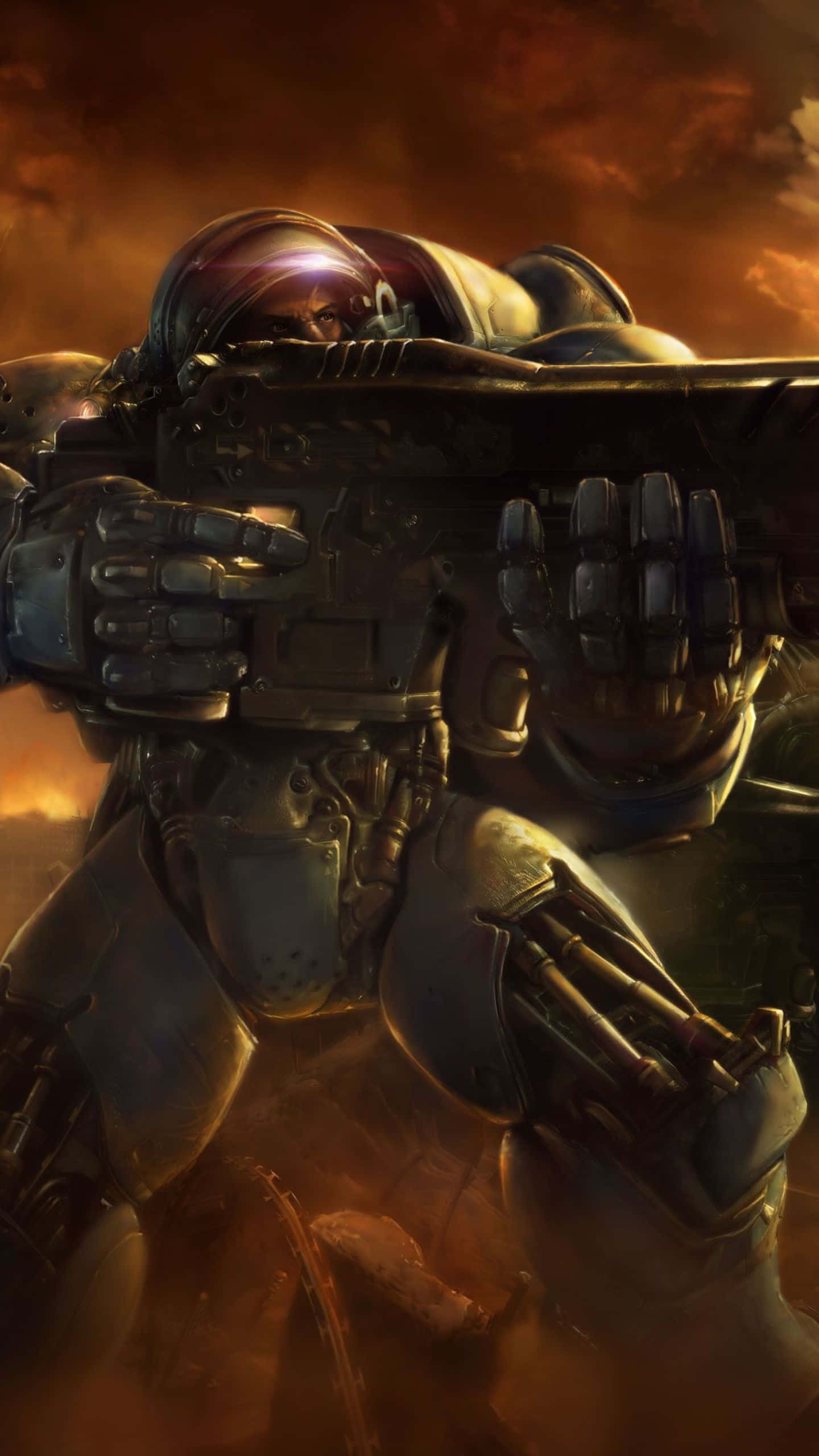 Android Starcraft Ii 桌布 壁紙 — 一名身穿未來裝甲的重裝戰士，將巨型武器瞄準熾熱的橙色天空。